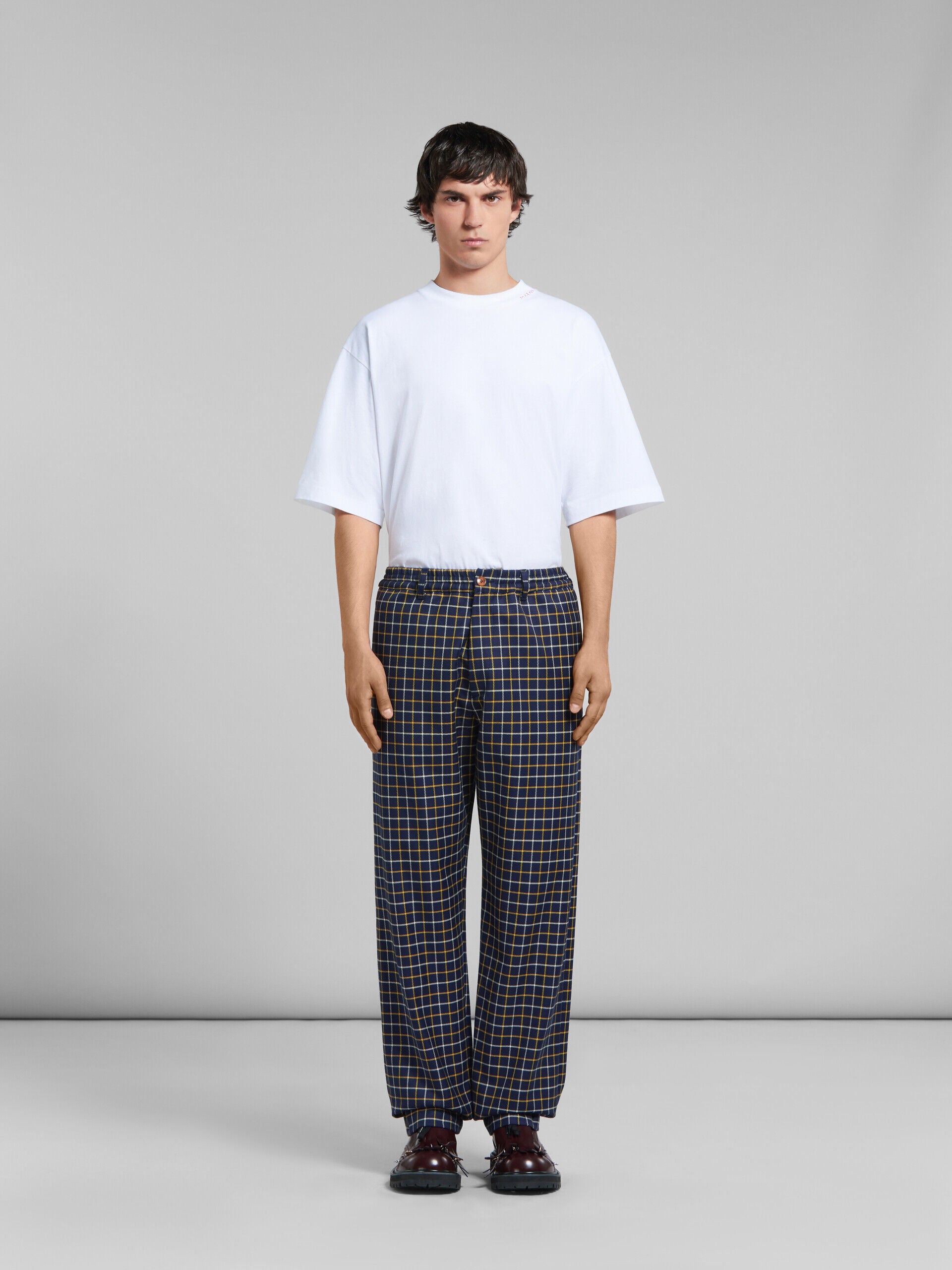 MARNI MEN'S NAVY PLAID WIDE-LEG TROUSERS