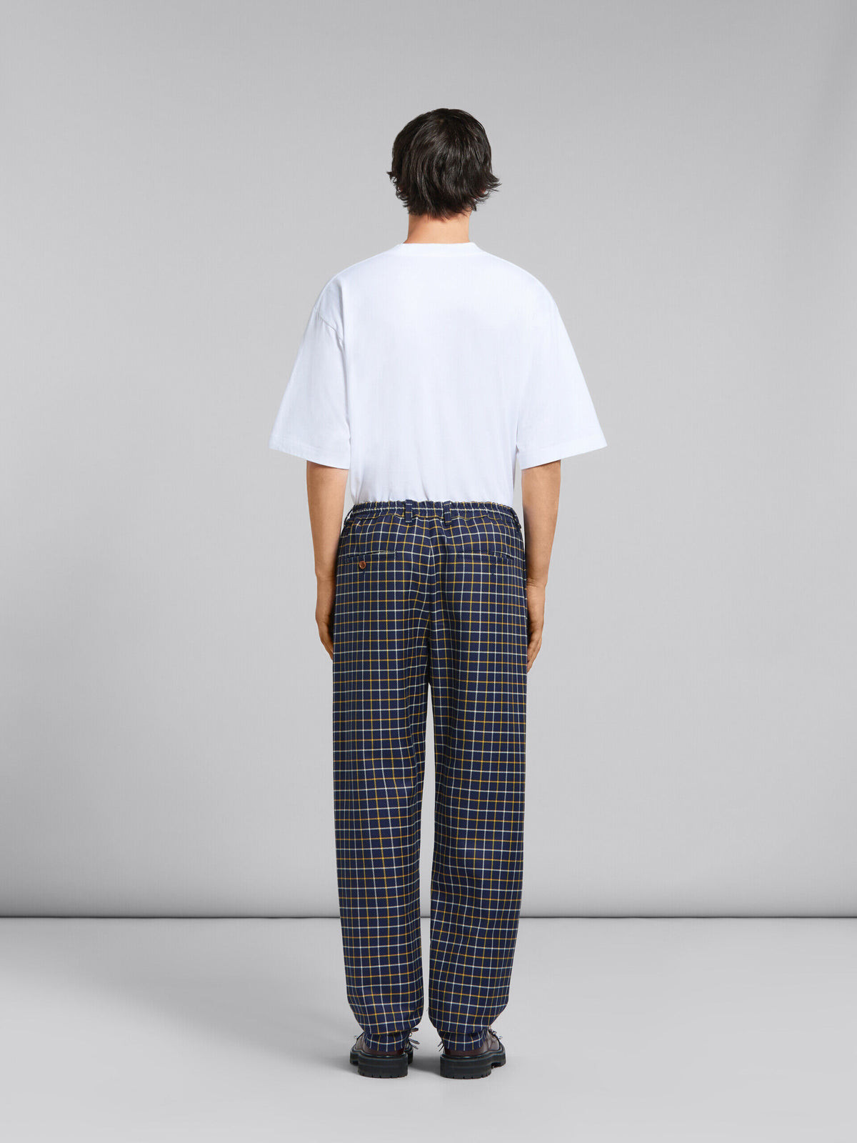 MARNI MEN'S NAVY PLAID WIDE-LEG TROUSERS