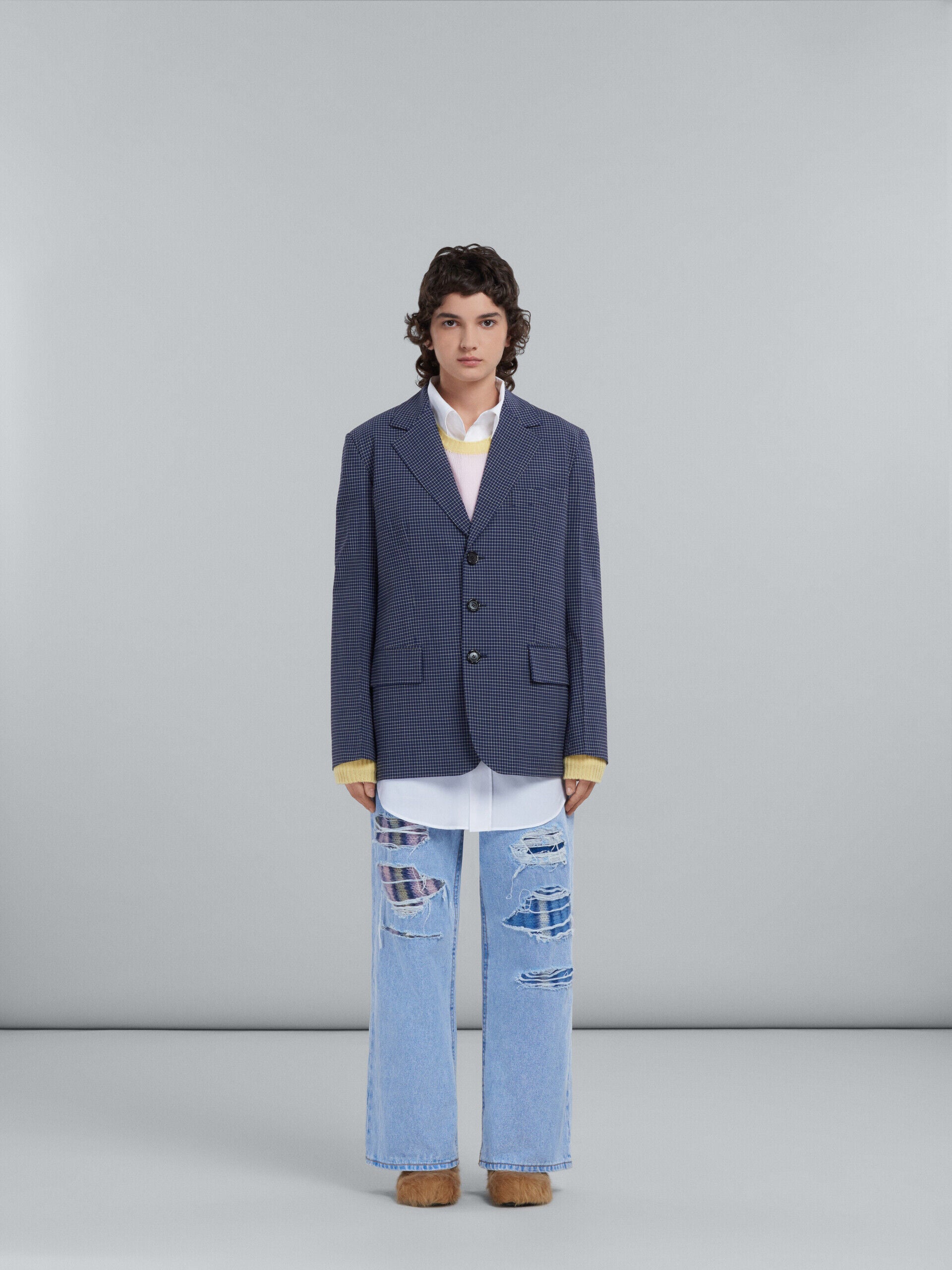 MARNI WOMEN'S LIGHT NAVY CHECKERED BLAZER