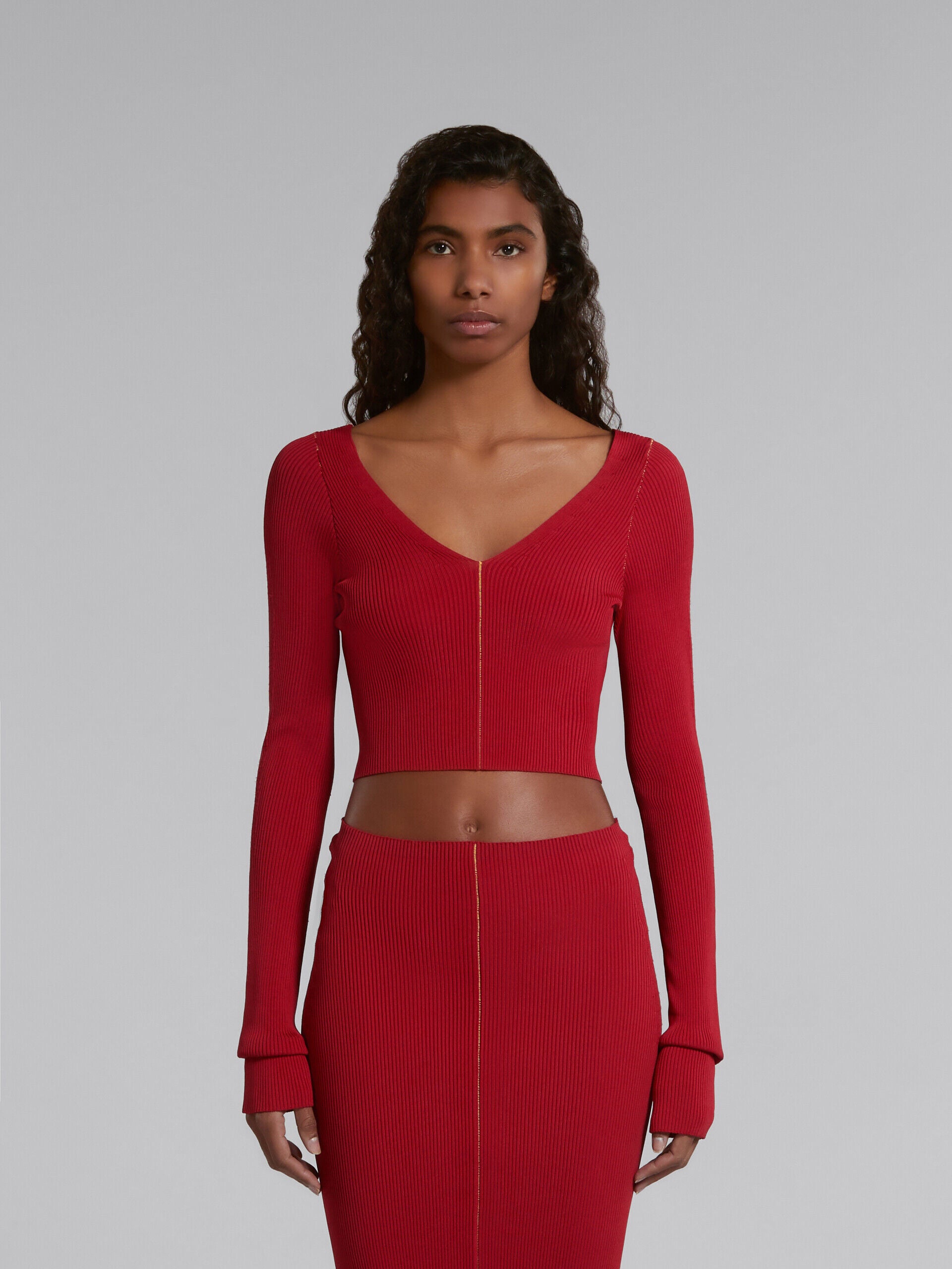 MARNI WOMEN'S RED RIBBED CROPPED SWEATER