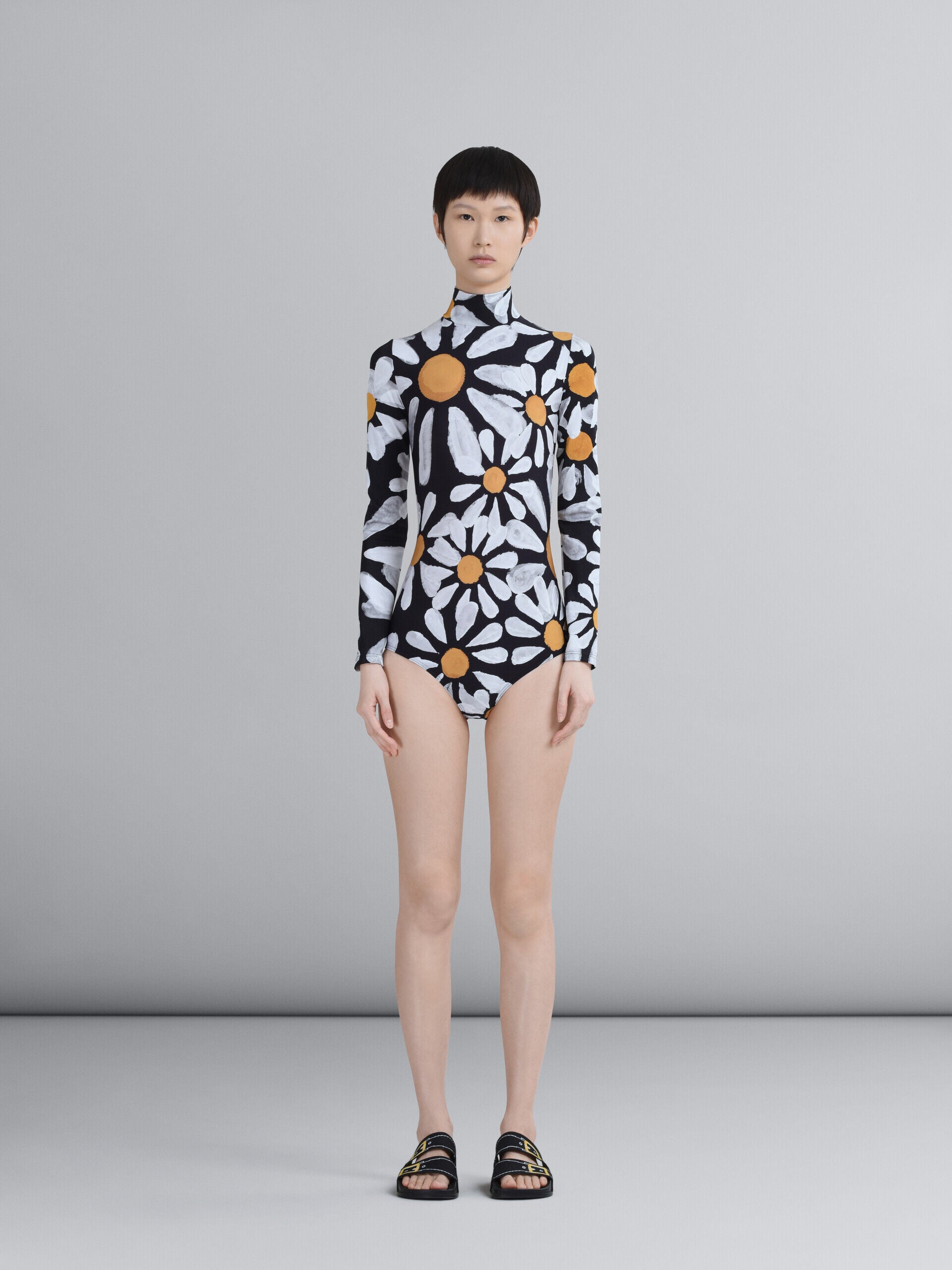 MARNI WOMEN'S BLACK FLORAL LONG-SLEEVE SWIMSUIT