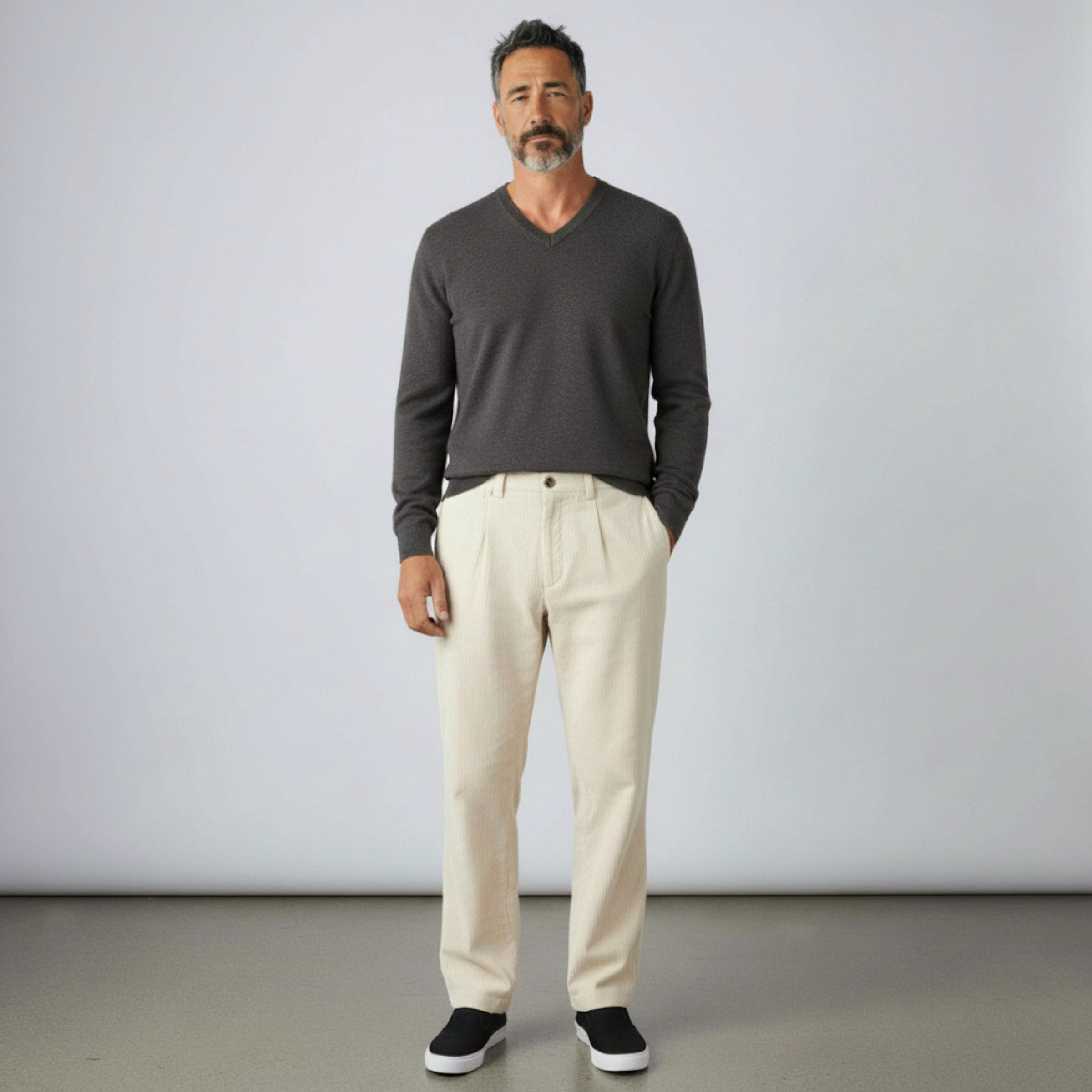 BRUNELLO CUCINELLI MEN'S OFF WHITE CORDUROY TROUSERS