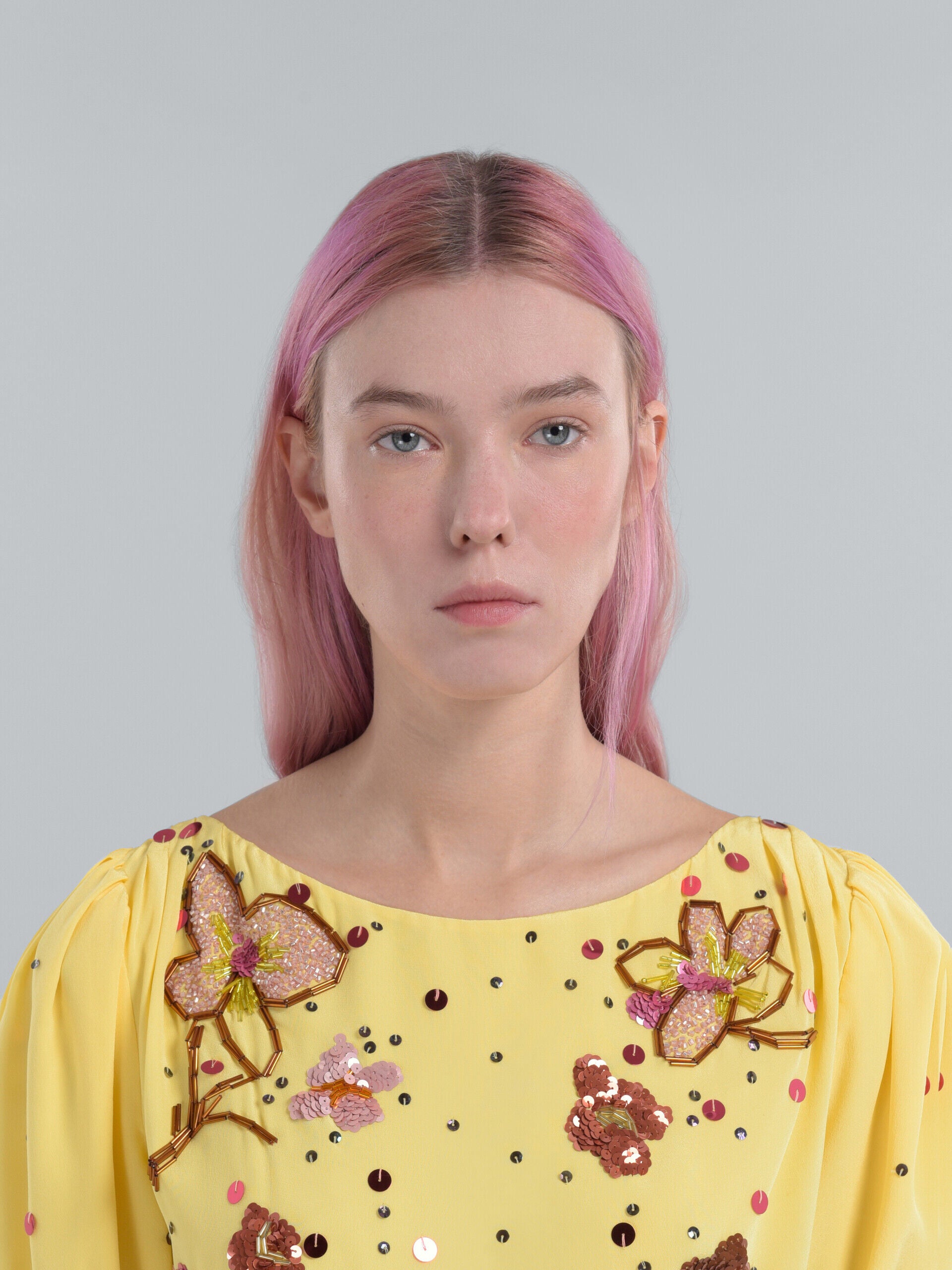 MARNI WOMEN'S YELLOW EMBROIDERED PUFF SLEEVE DRESS