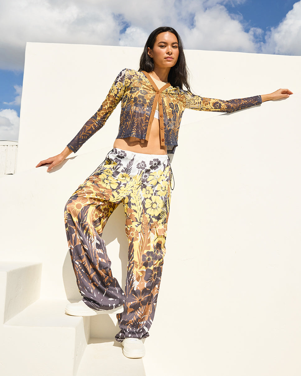 Women's Multi Yellow Floral Palm Wide Leg Pants