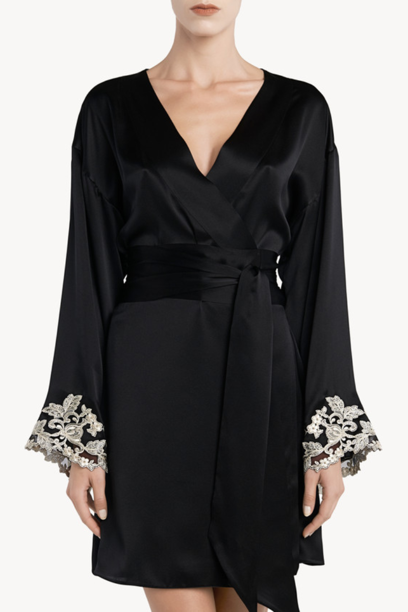 La Perla Maison Black Silk Satin Short Robe with Frastaglio