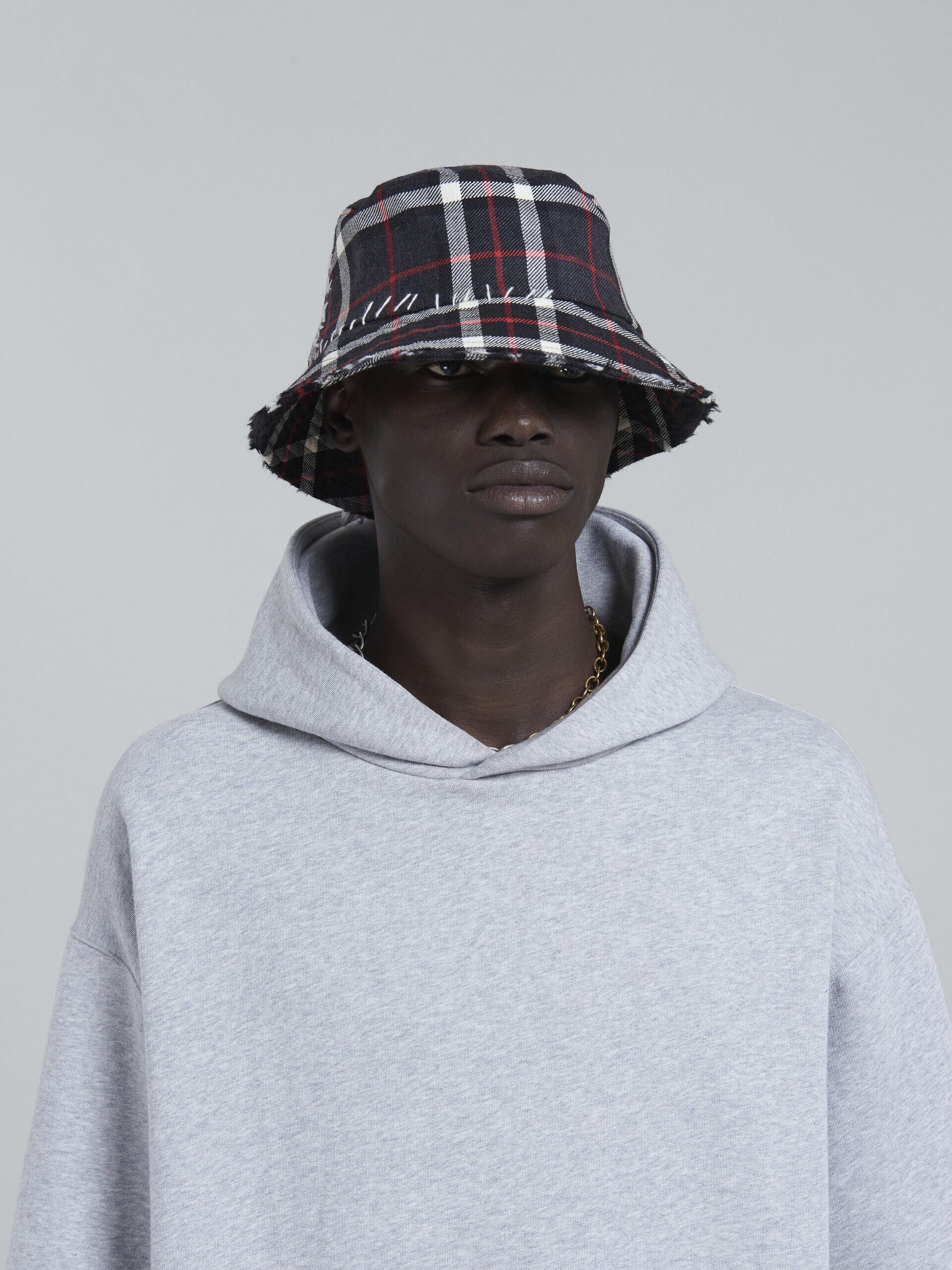 MARNI MEN'S PLAID BUCKET HAT WITH STITCHING DETAIL