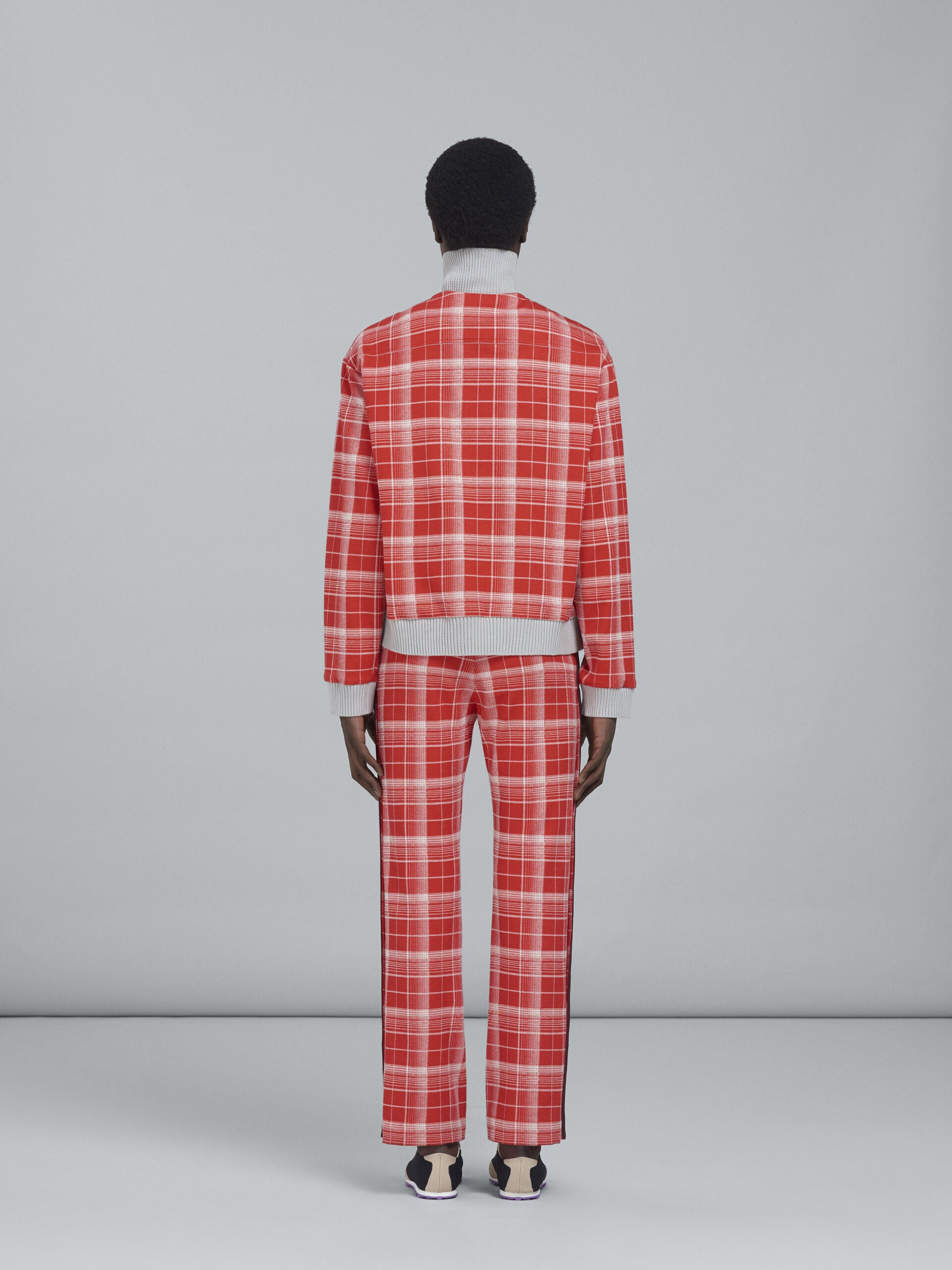MARNI MEN'S CRIMSON PLAID TROUSERS WITH SIDE BUTTONS