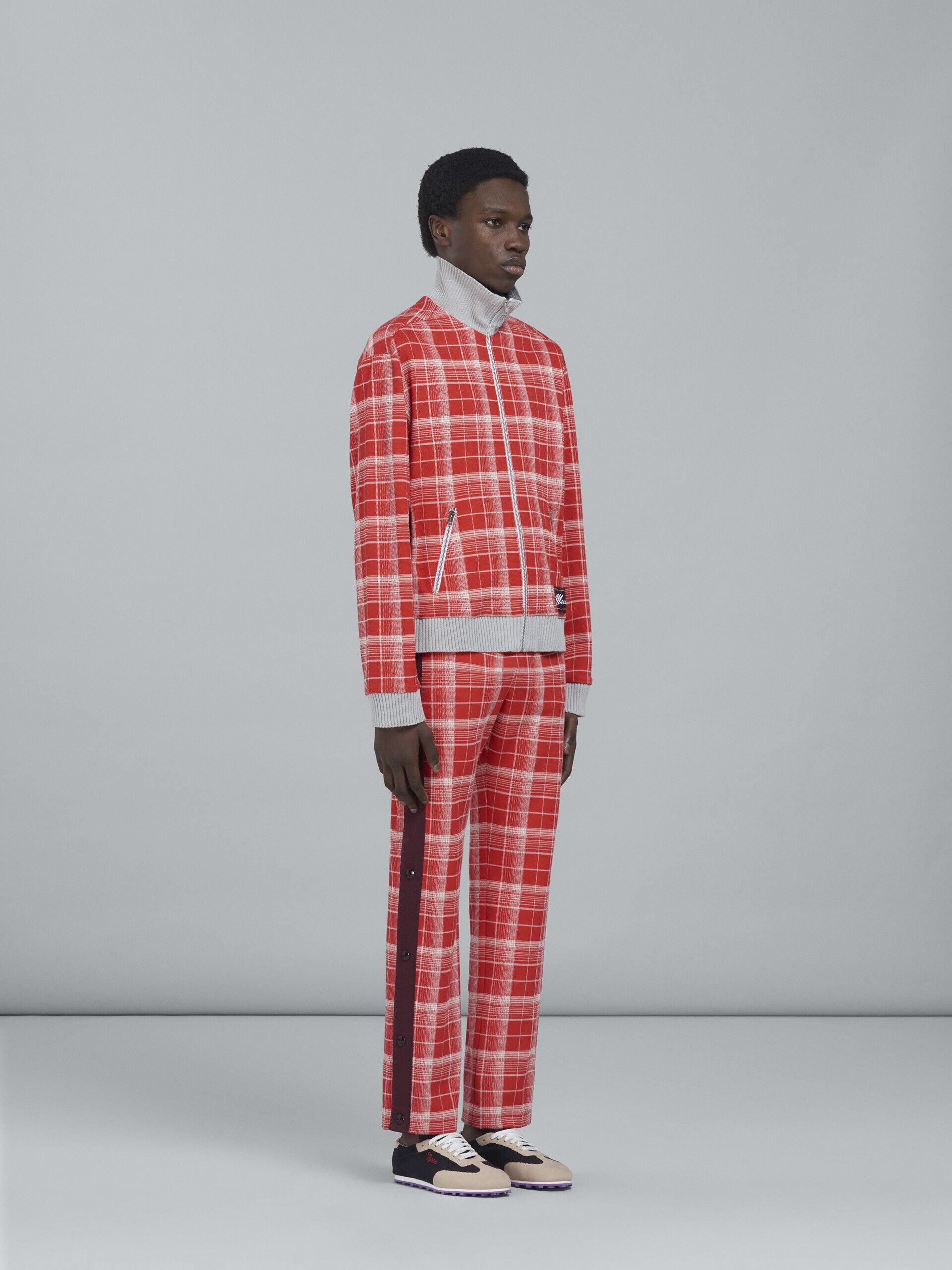 MARNI MEN'S CRIMSON PLAID TROUSERS WITH SIDE BUTTONS