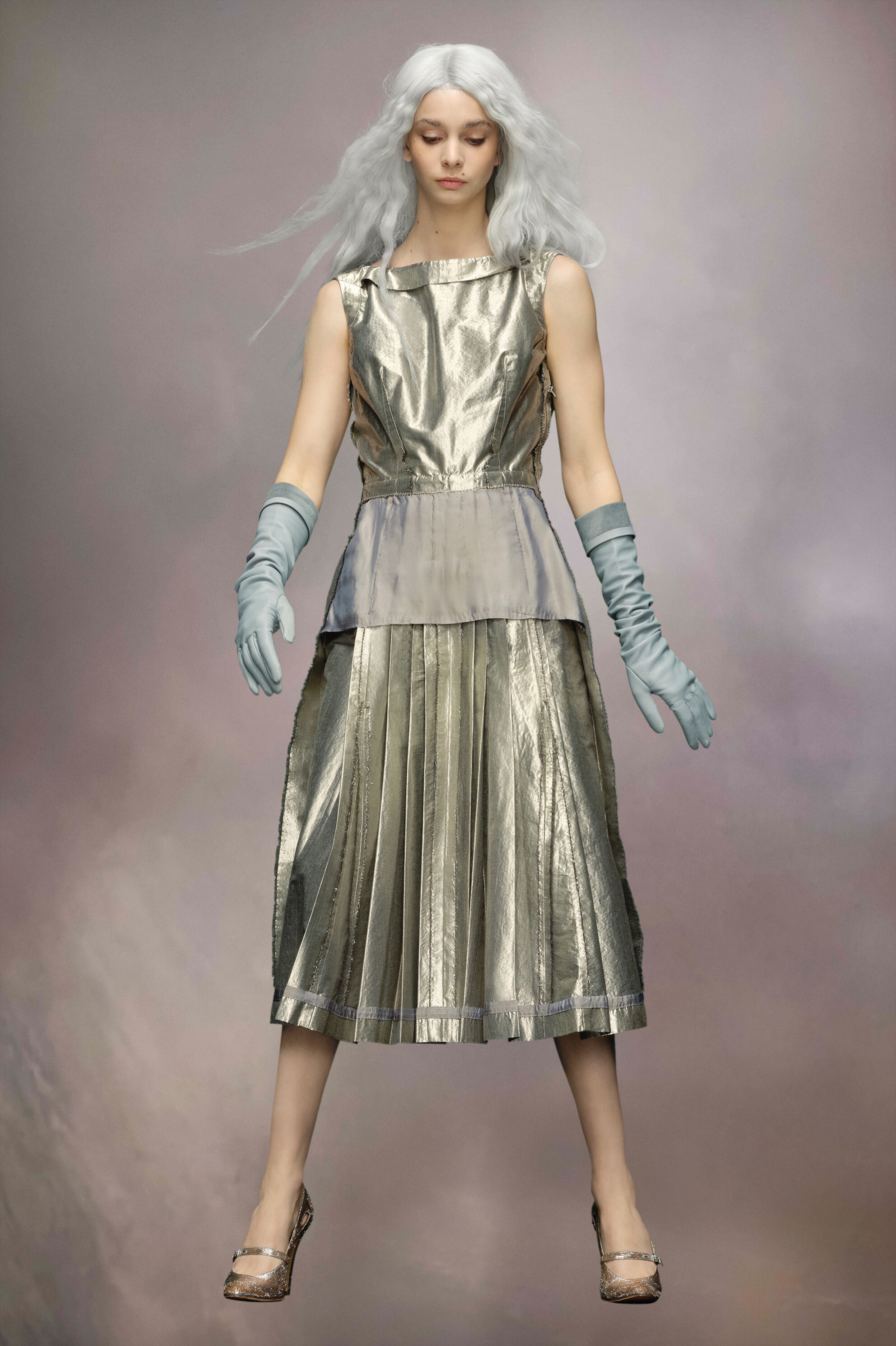 metallic pleated midi dress MAISON MARGIELA WOMEN'S SILVER WZK38103 fuller skirt allows room Christmas Party – 80s Color:M-Pink