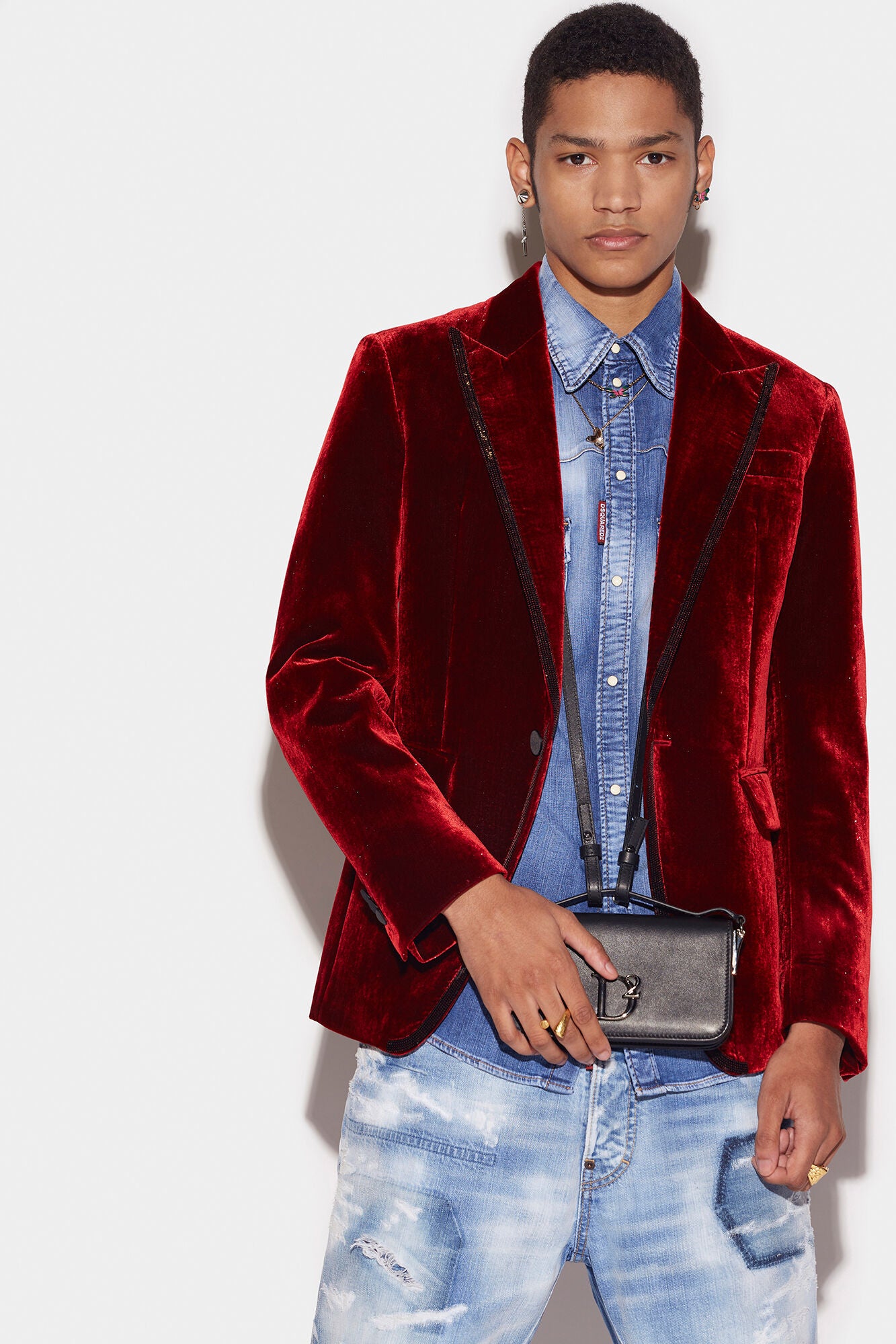 DSQUARED2 MEN'S BURGUNDY VELVET BLAZER WITH TRIM