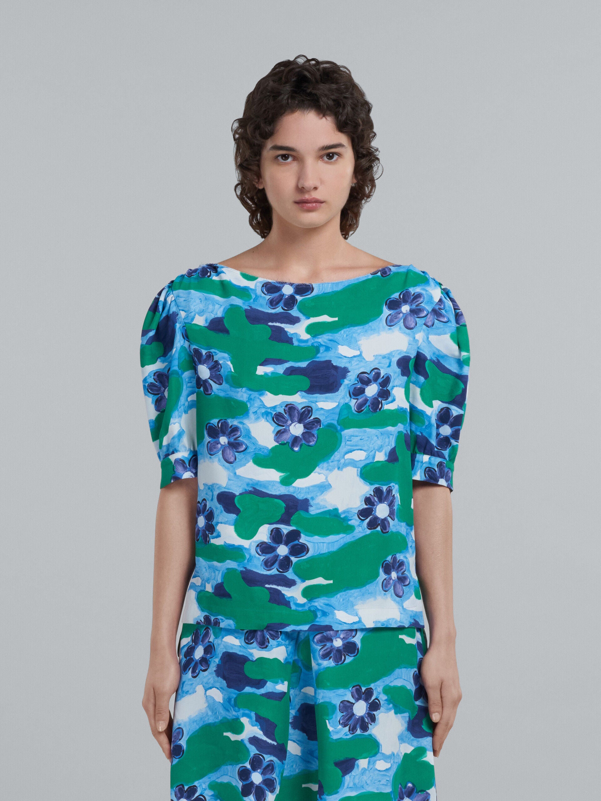 MARNI WOMEN'S BLUE FLORAL PUFF SLEEVE BLOUSE
