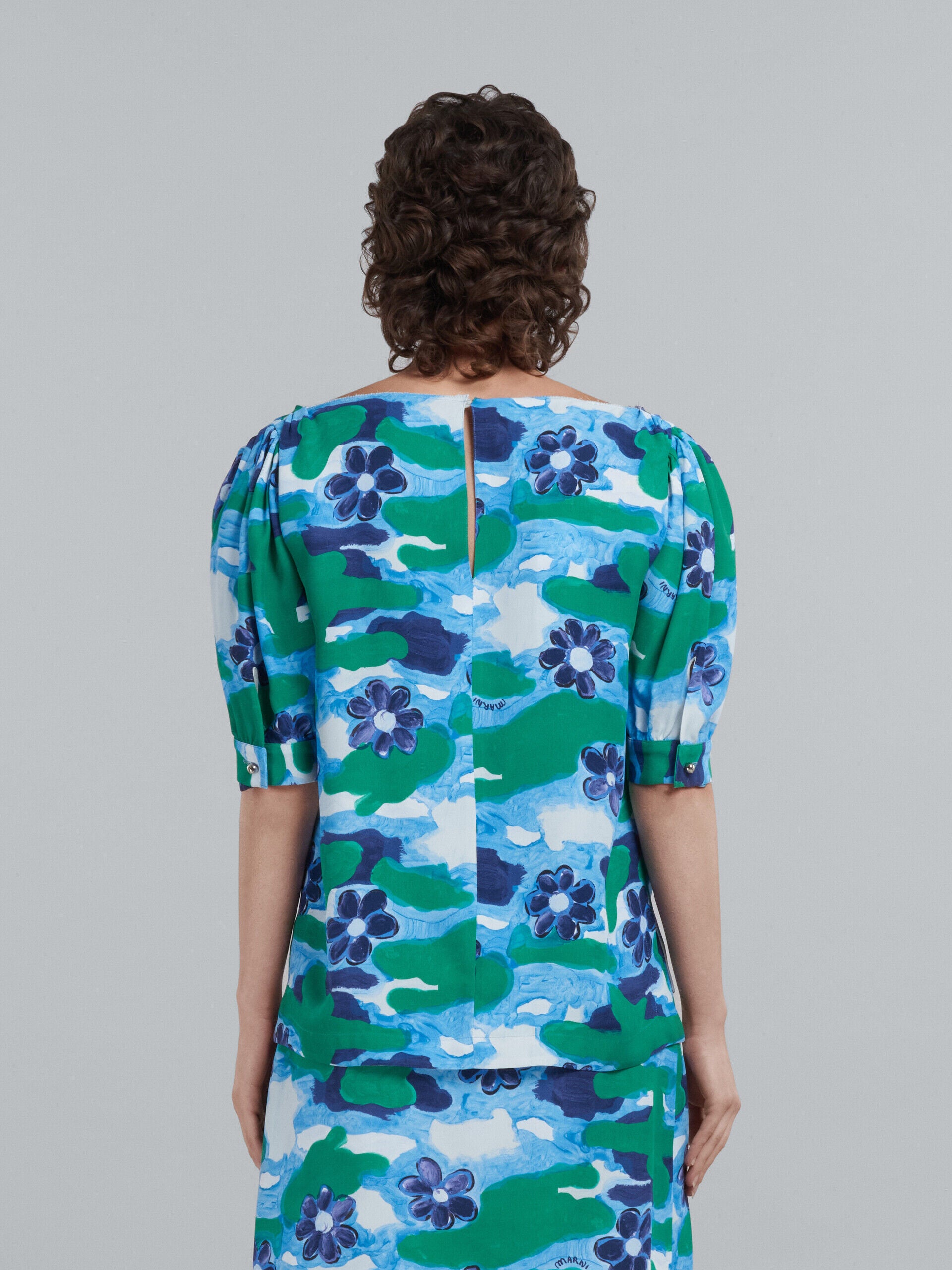 MARNI WOMEN'S BLUE FLORAL PUFF SLEEVE BLOUSE