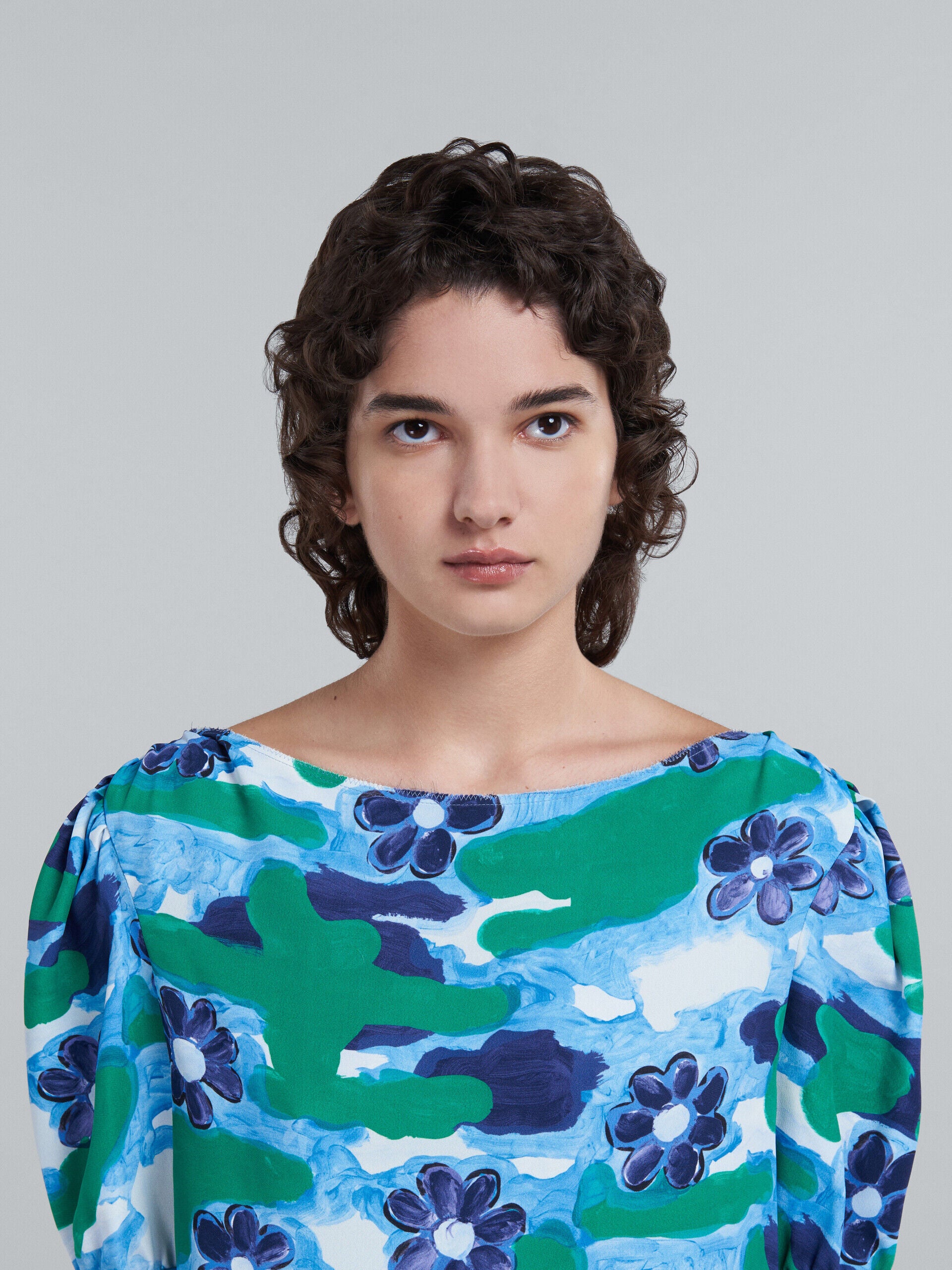 MARNI WOMEN'S BLUE FLORAL PUFF SLEEVE BLOUSE