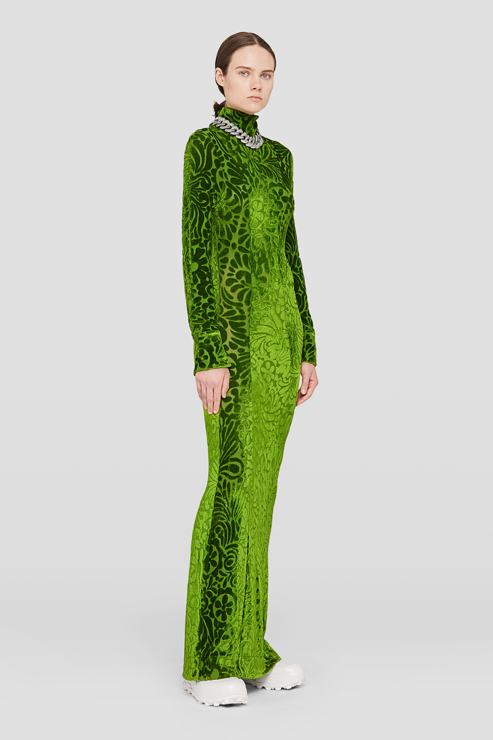 JIL SANDER WOMEN'S PEA GREEN PATTERNED LONG DRESS