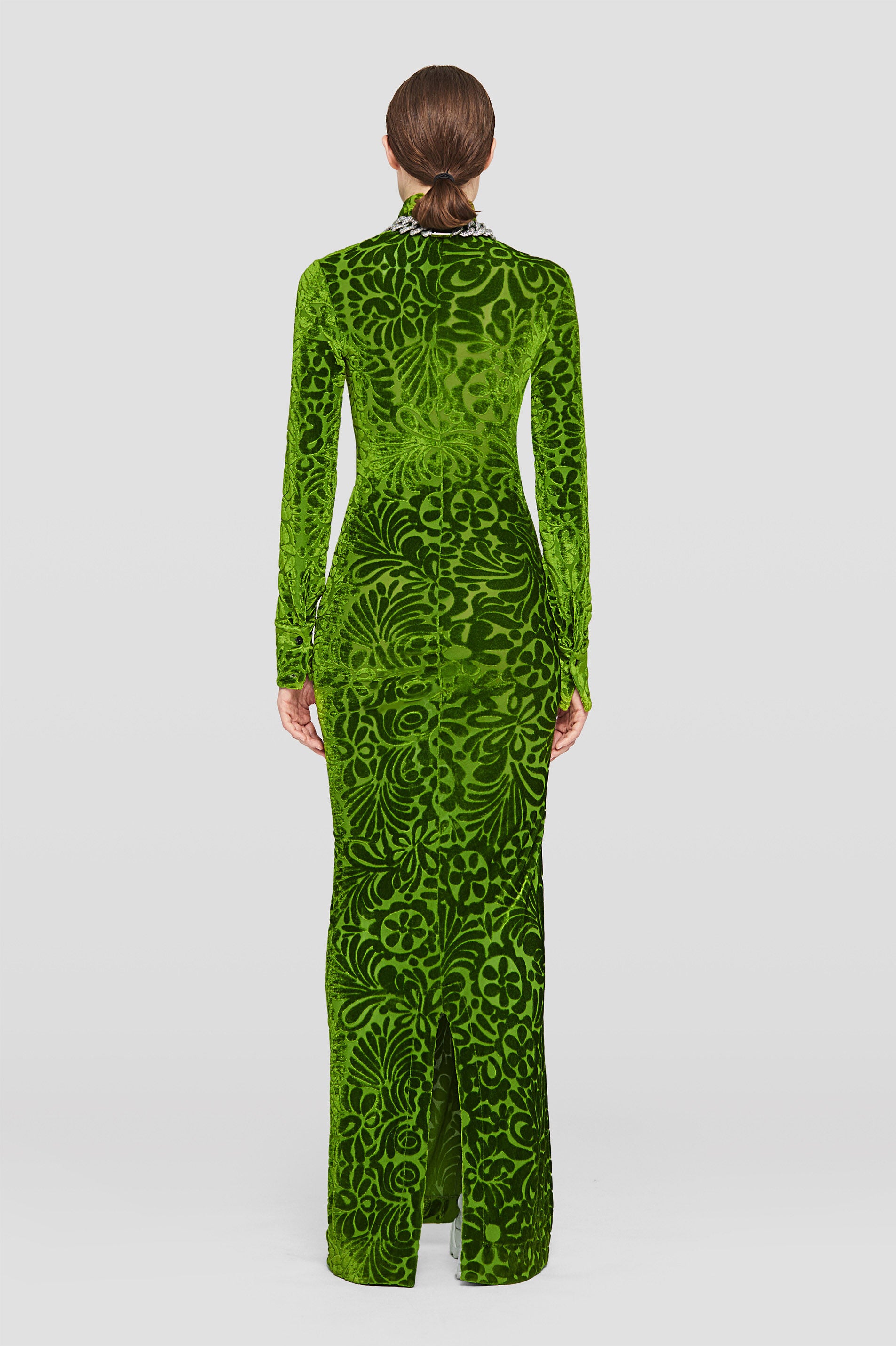 JIL SANDER WOMEN'S PEA GREEN PATTERNED LONG DRESS