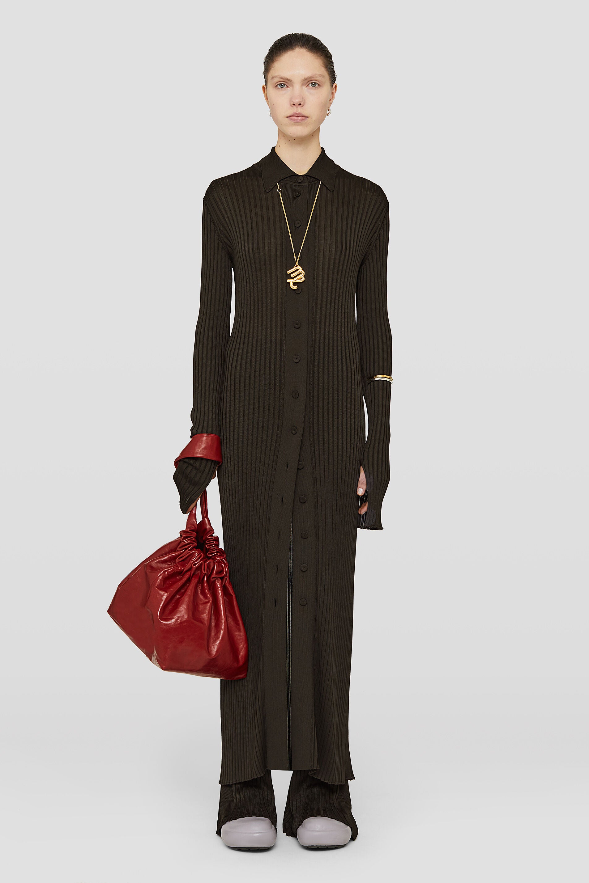 JIL SANDER WOMEN'S DARK BROWN RIBBED SHIRT