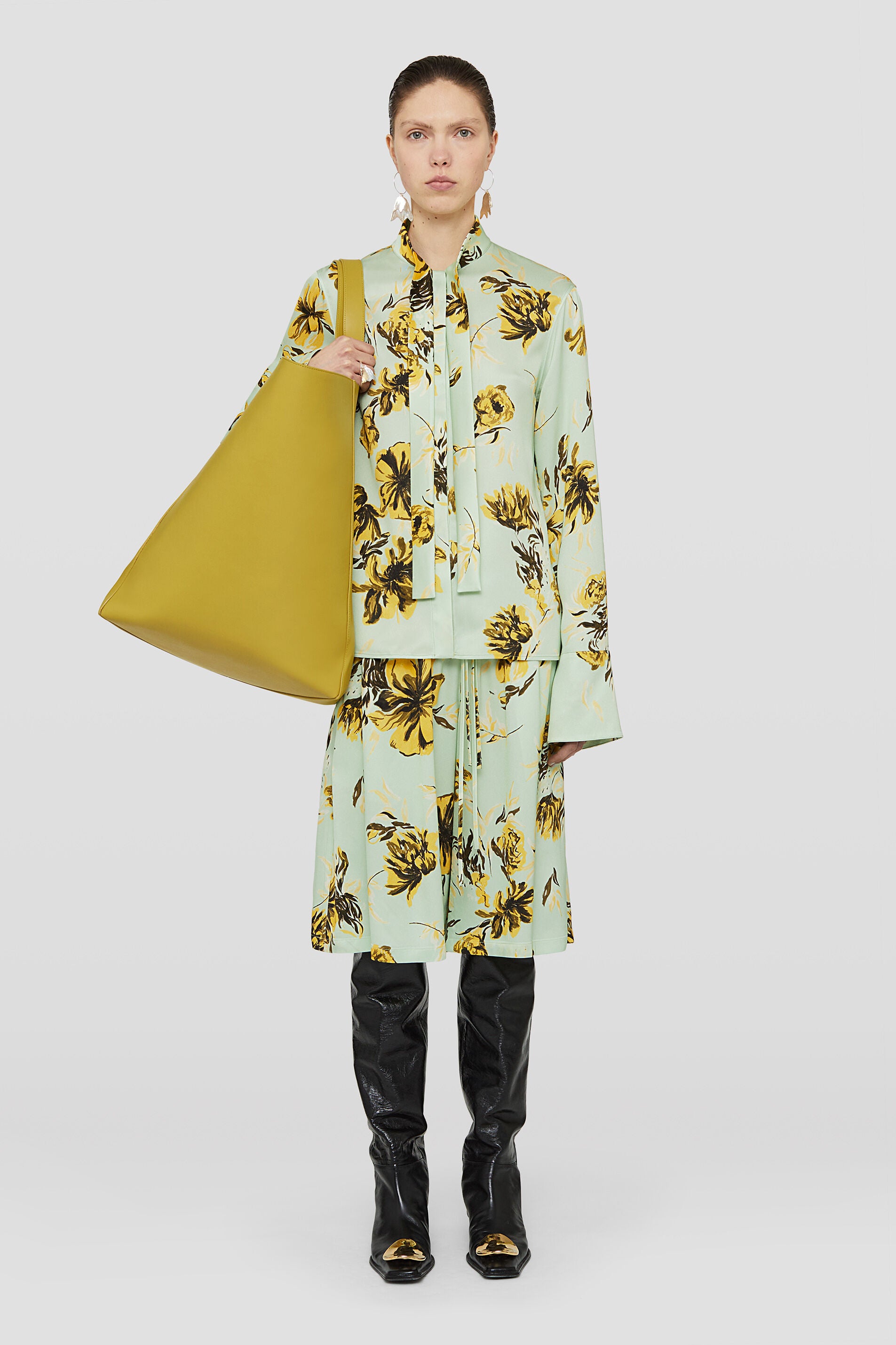 JIL SANDER WOMEN'S MINT GREEN FLORAL WIDE-LEG TROUSERS