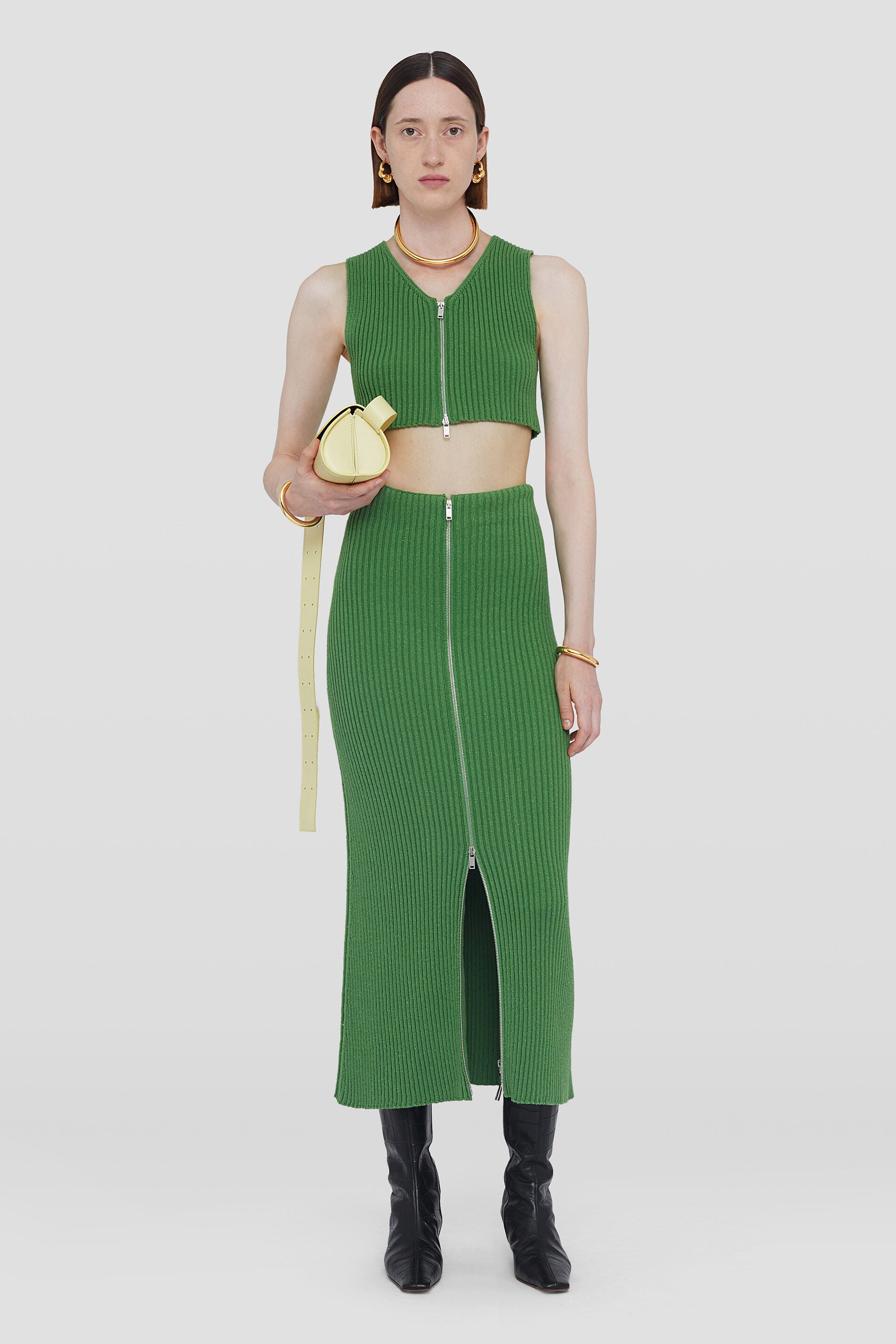 JIL SANDER WOMEN'S GREEN RIBBED KNIT SKIRT