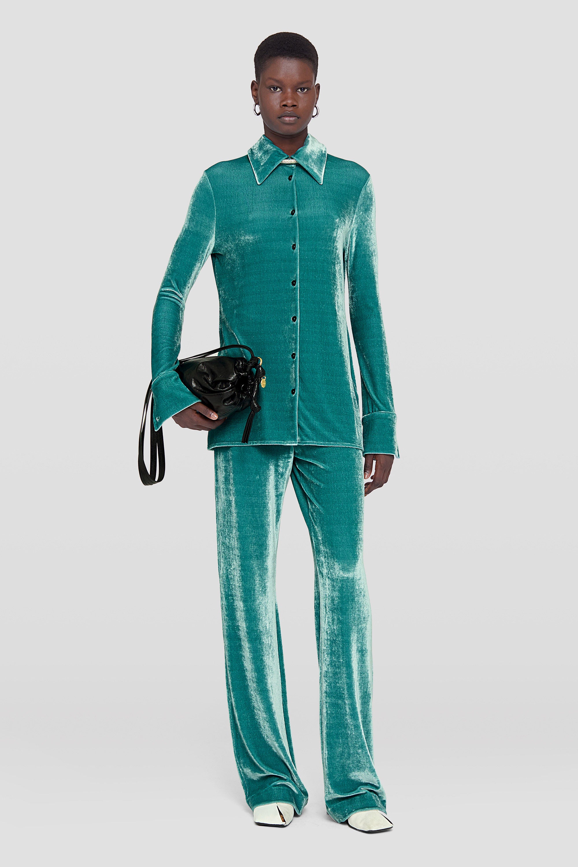 JIL SANDER WOMEN'S TEAL VELVET WIDE LEG TROUSERS