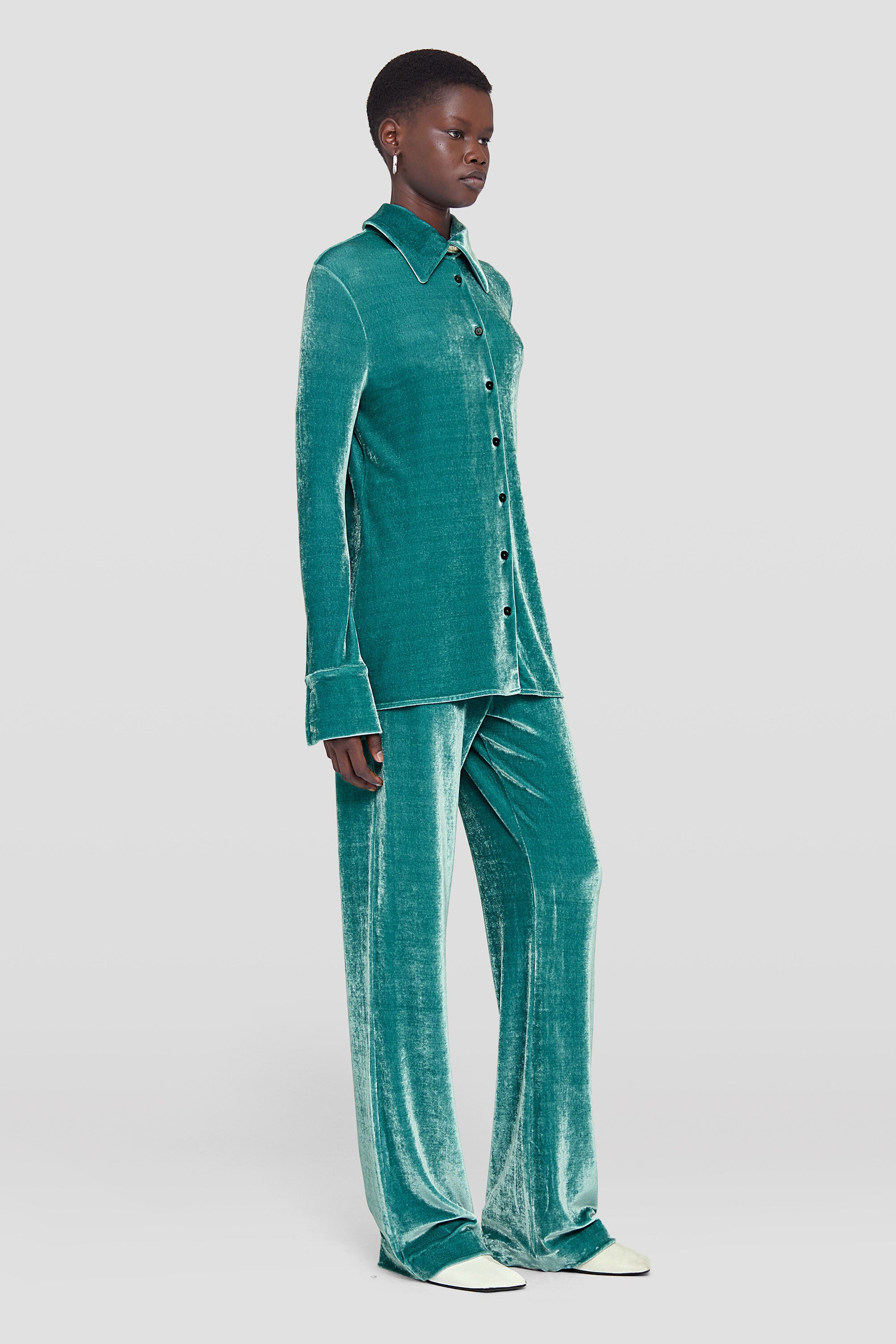 JIL SANDER WOMEN'S TEAL VELVET WIDE LEG TROUSERS