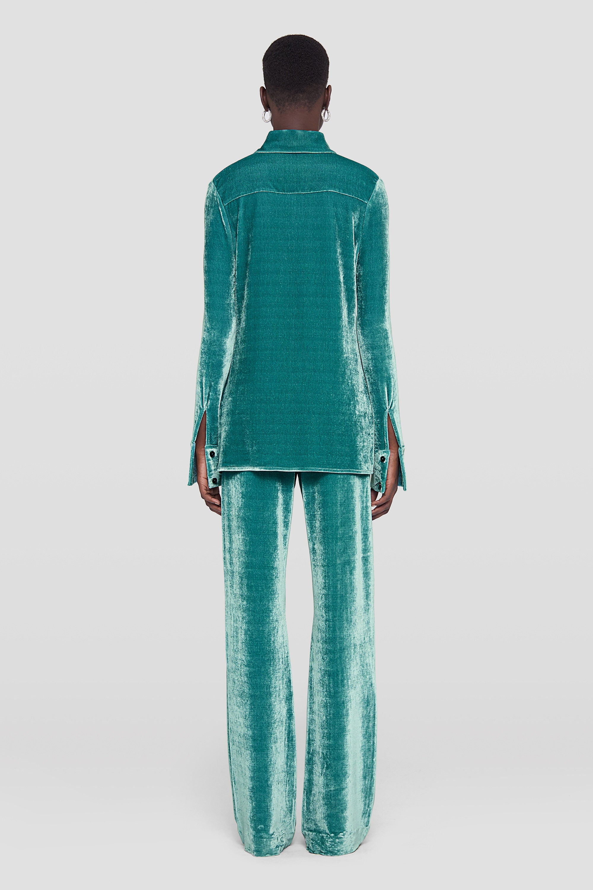 JIL SANDER WOMEN'S TEAL VELVET WIDE LEG TROUSERS