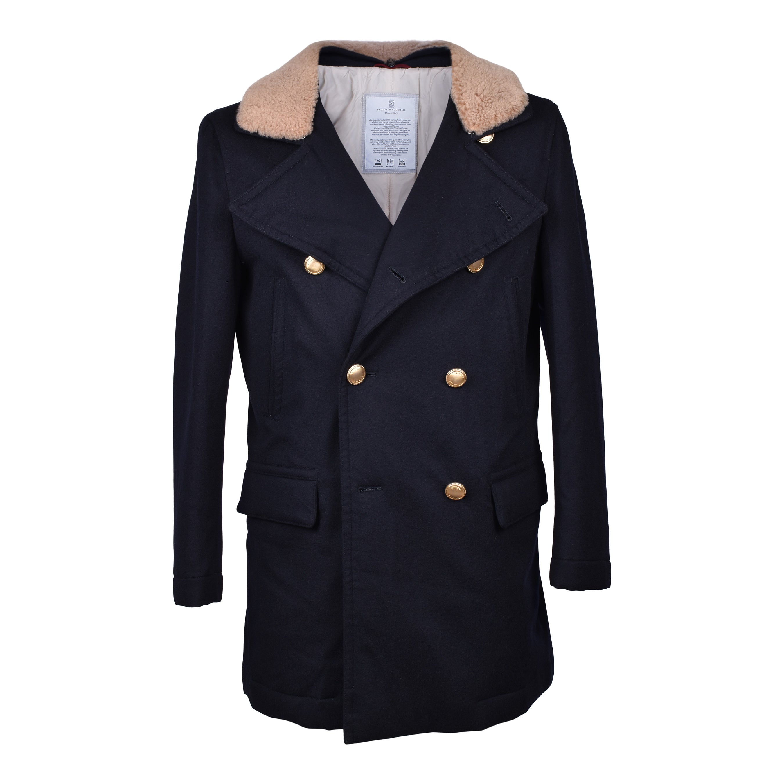 BRUNELLO CUCINELLI MEN'S NAVY CASHMERE PEA COAT WITH FUR COLLAR