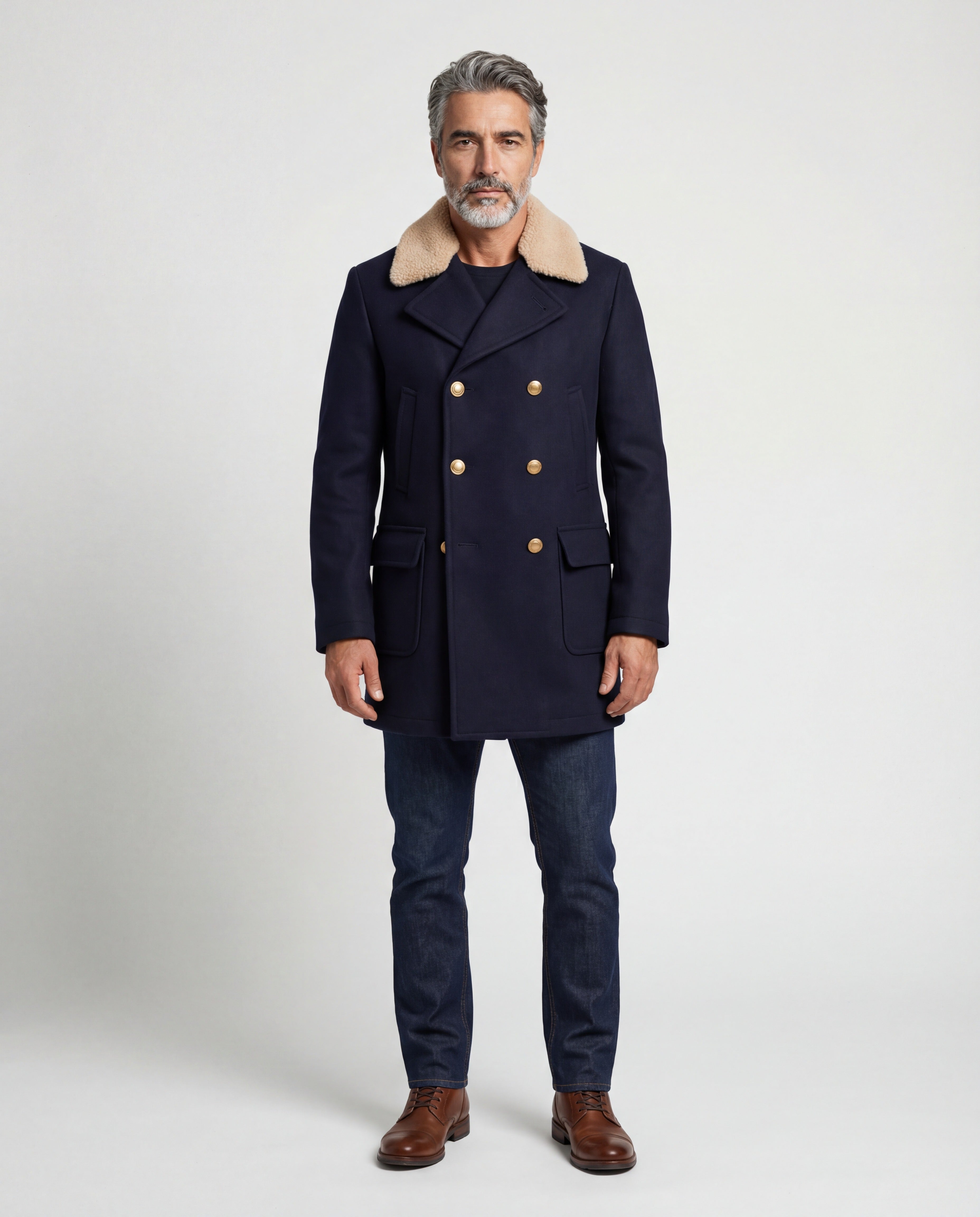 BRUNELLO CUCINELLI MEN'S NAVY WOOL PEA JACKET