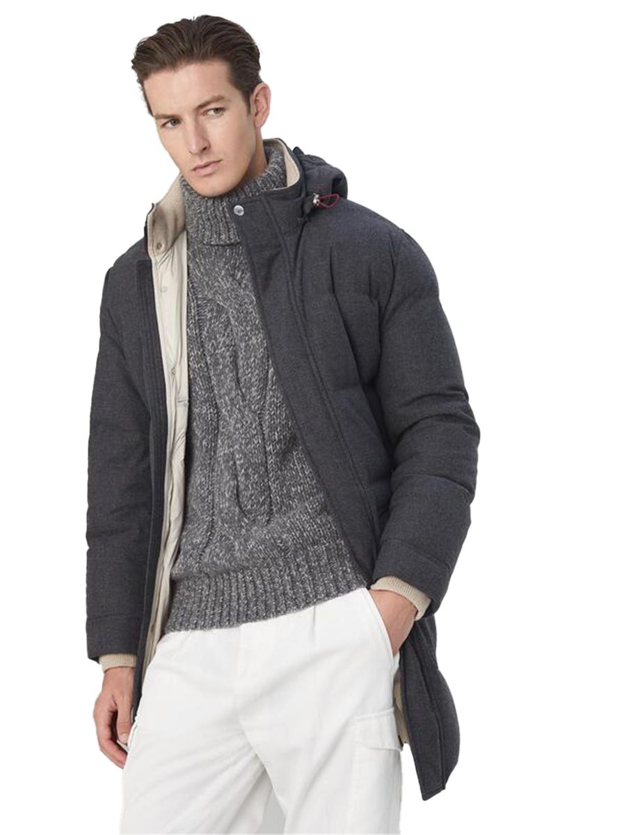 BRUNELLO CUCINELLI MEN'S DARK GREY WOOL PARKA