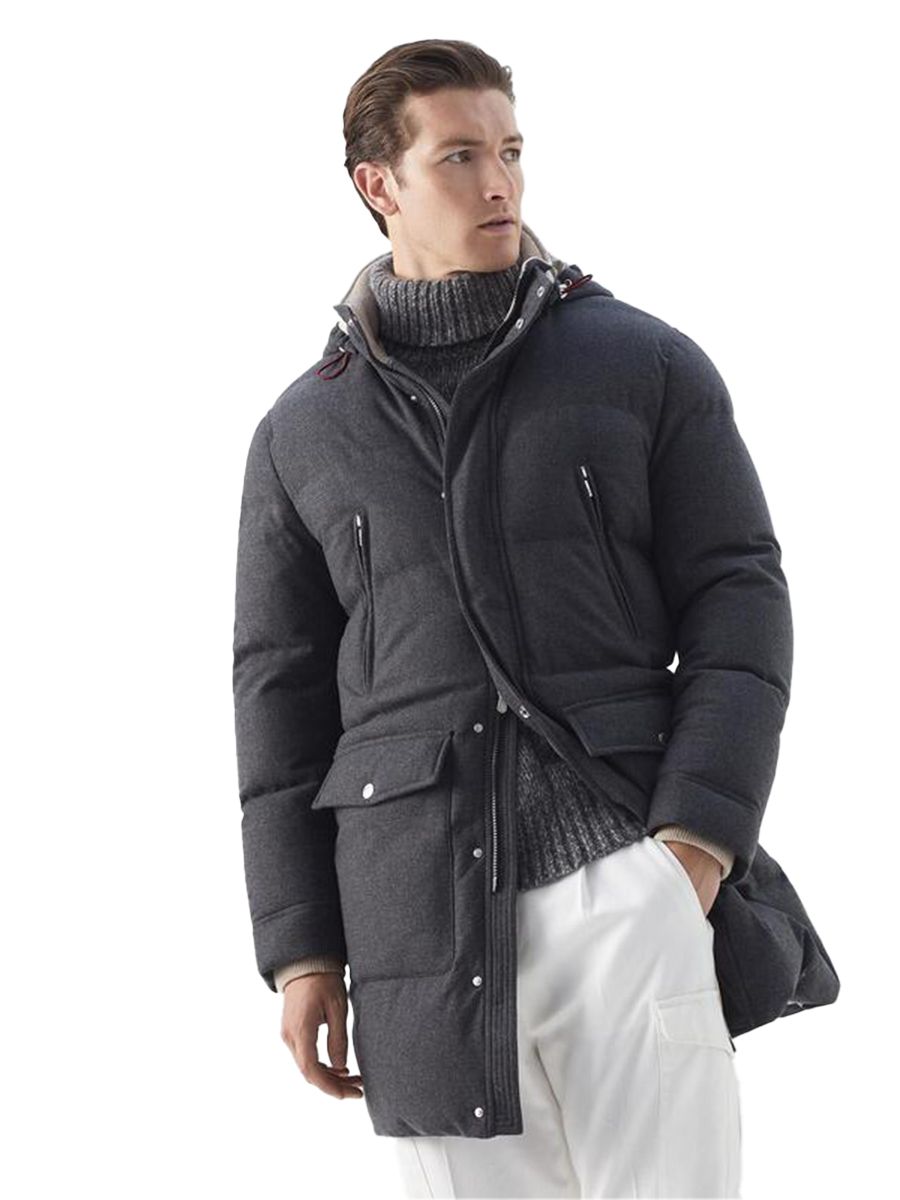 BRUNELLO CUCINELLI MEN'S DARK GREY WOOL PARKA