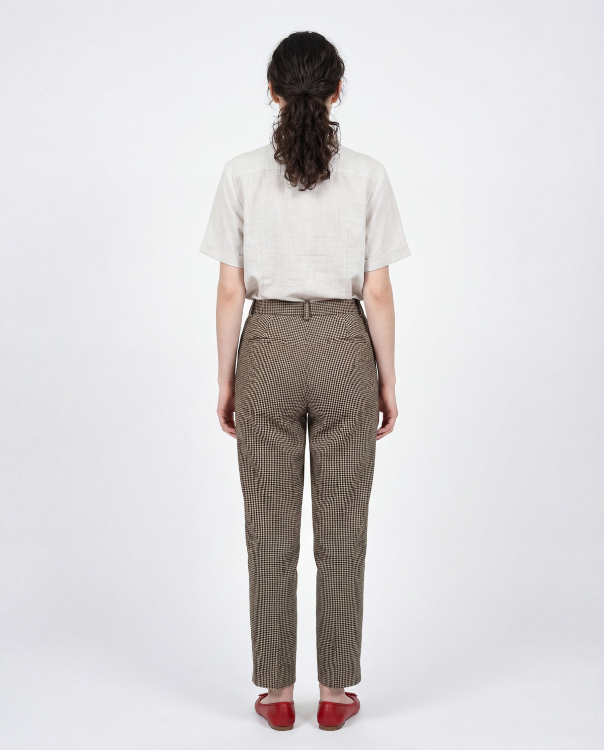 BRUNELLO CUCINELLI WOMEN'S BEIGE BLUE LINEN HOUNDSTOOTH TROUSERS