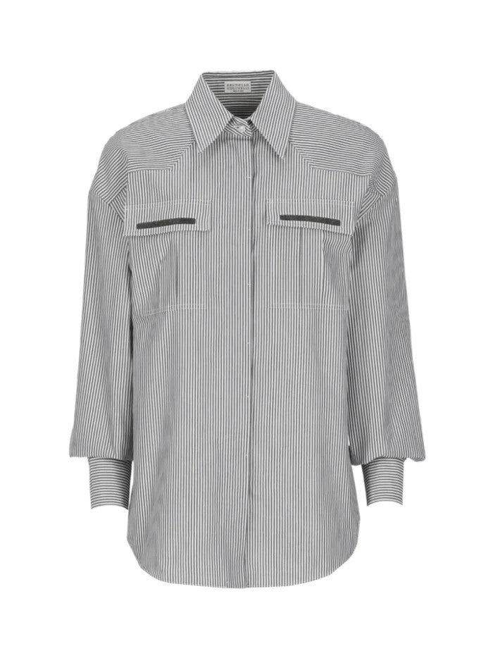 BRUNELLO CUCINELLI WOMEN'S WHITE BLUE STRIPED LONG SLEEVE SHIRT