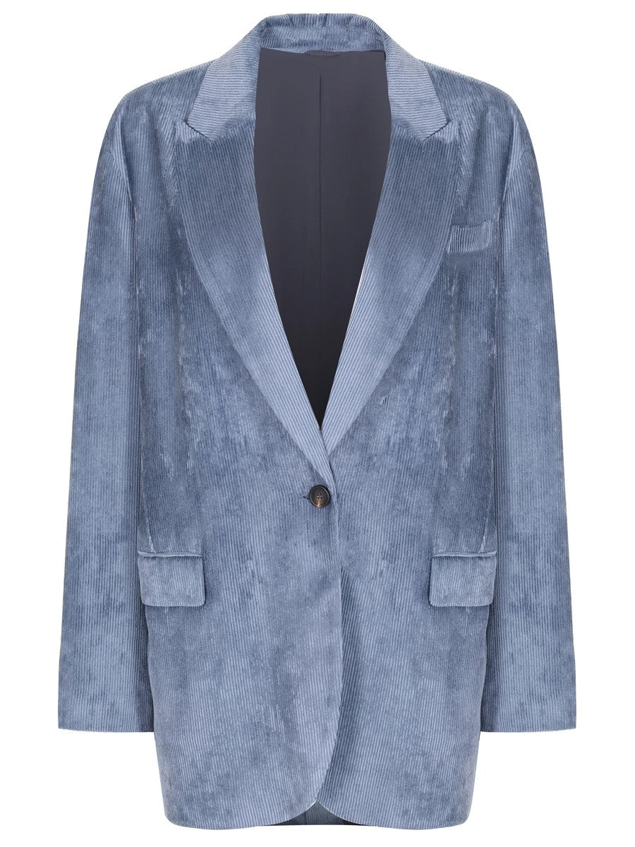 BRUNELLO CUCINELLI WOMEN'S BLUE CORDUROY SINGLE-BUTTON BLAZER