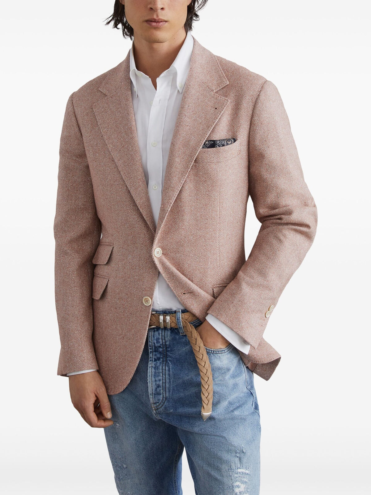 BRUNELLO CUCINELLI MEN'S LIGHT BROWN WOOL SILK BLAZER