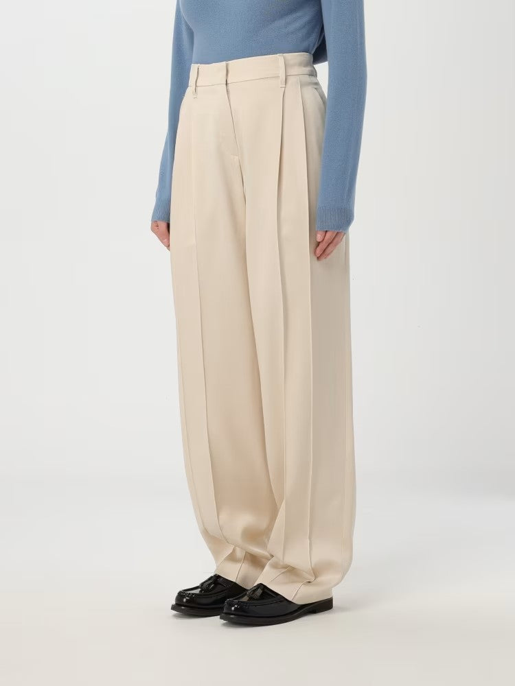 BRUNELLO CUCINELLI WOMEN'S BUTTER WIDE-LEG PLEATED TROUSERS