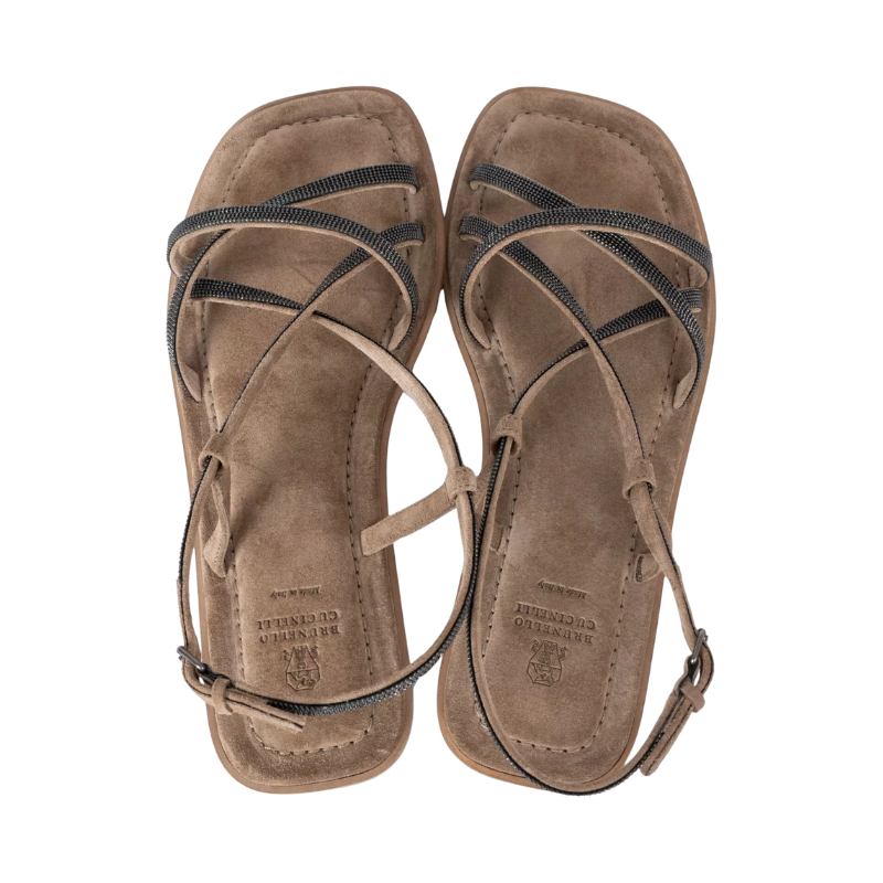 BRUNELLO CUCINELLI Taupe Suede  MONILI Flat Sandals