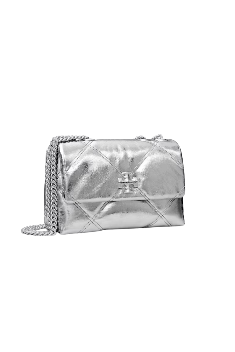Tory Burch Kira Metallic Diamond Quilt Small Convertible Shoulder Bag Silver 158772-040