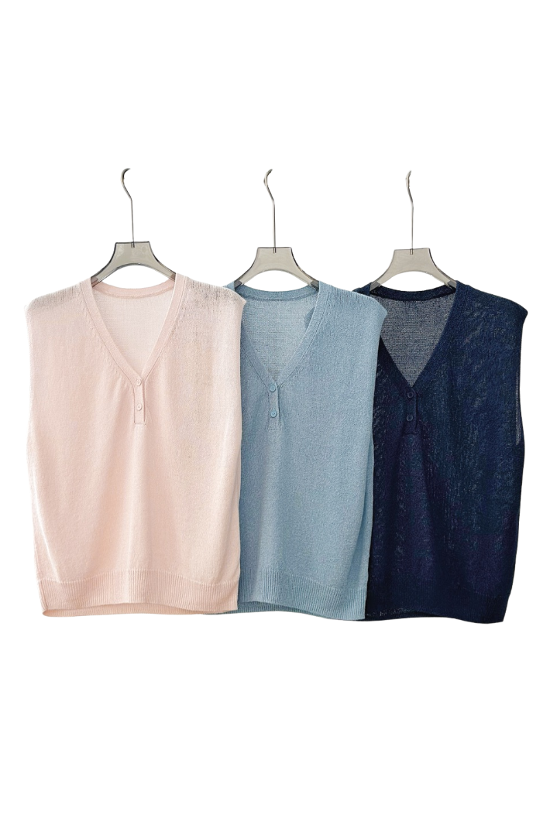 Max Simple V Neck Buttoned  Knit Vest Blue