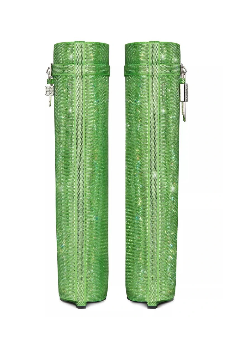 Givenchy Green Shark Lock Boots in Satin with Strass
