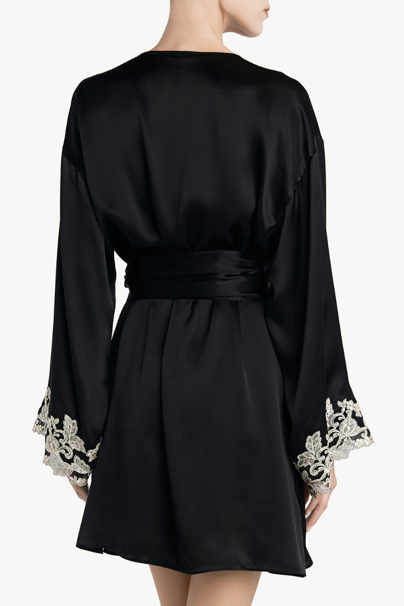 La Perla Maison Black Silk Satin Short Robe with Frastaglio