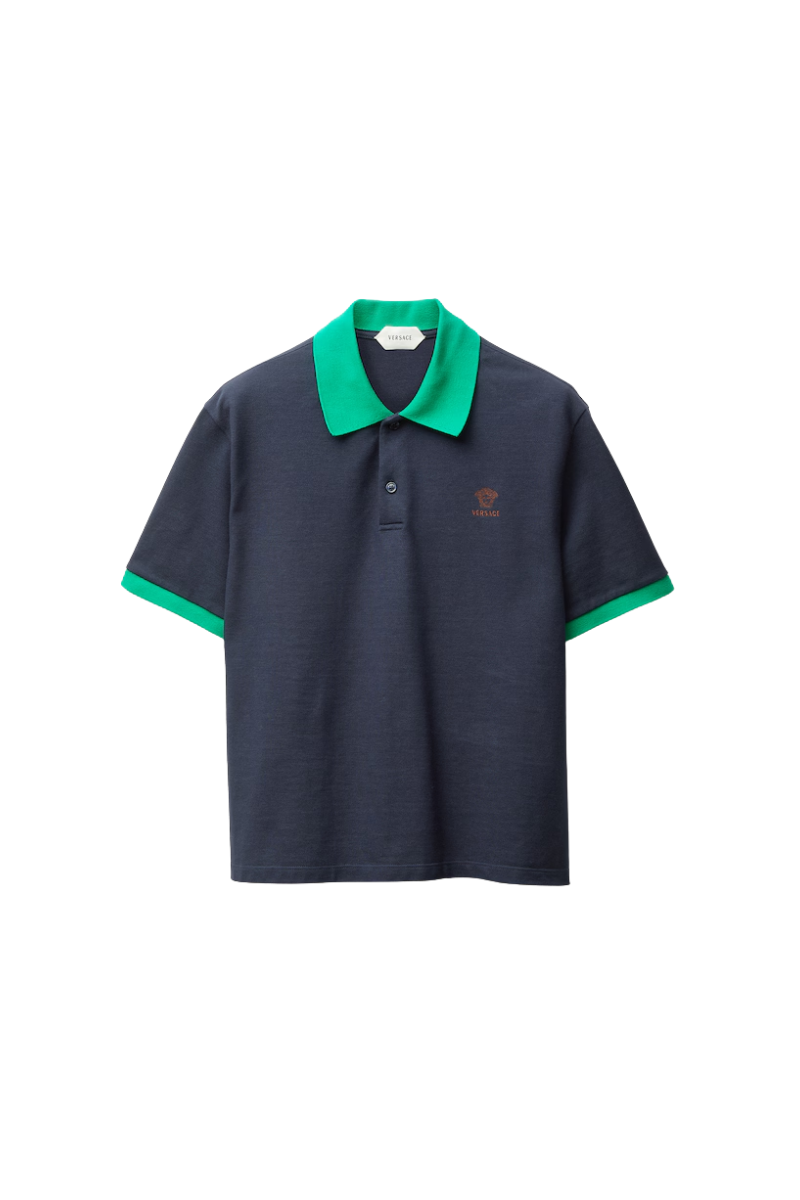 Versace Logo Embroidered Pique Polo Shirt-Green