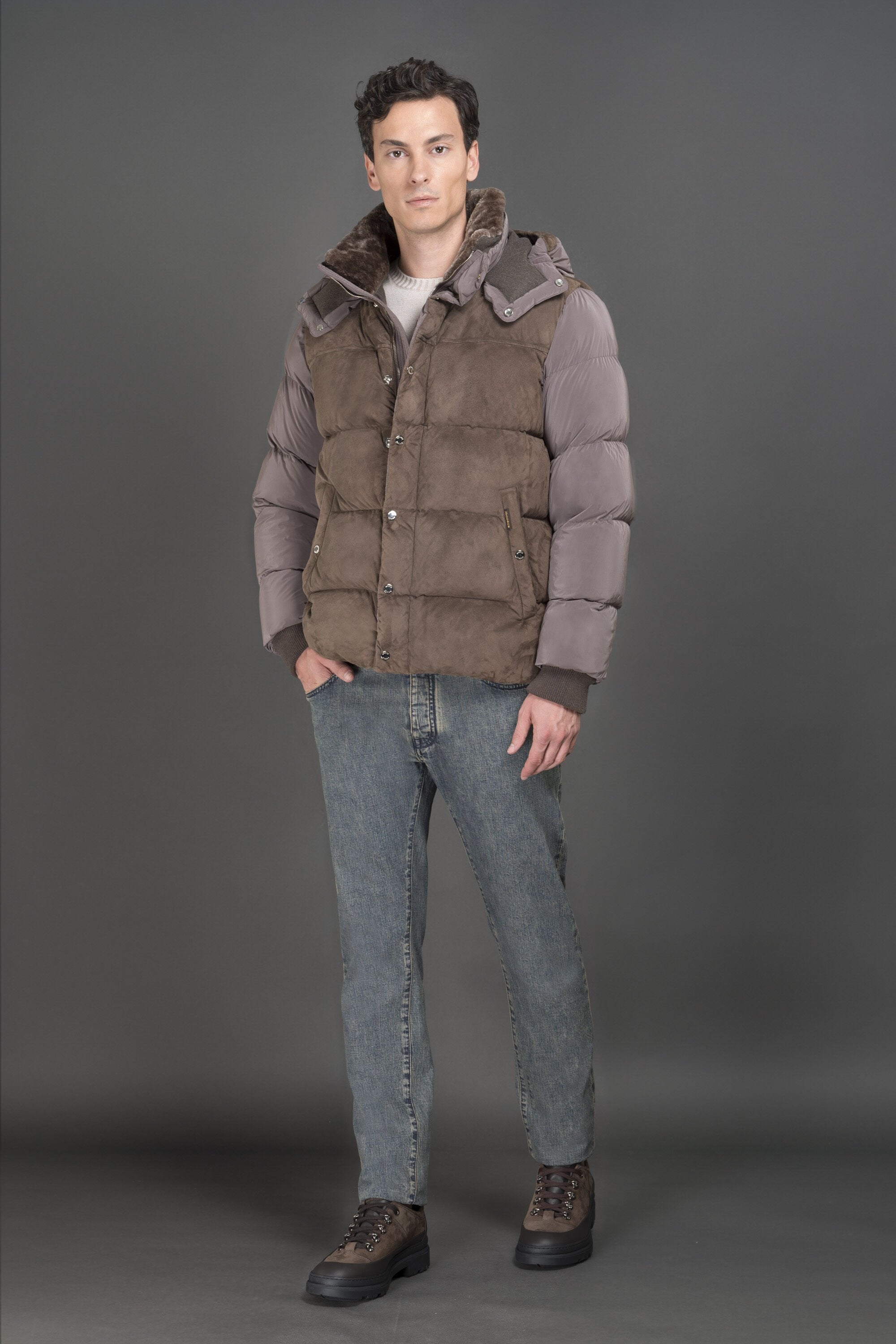MOORER MEN'S BROWN QUILTED JACKET WITH FUR COLLAR