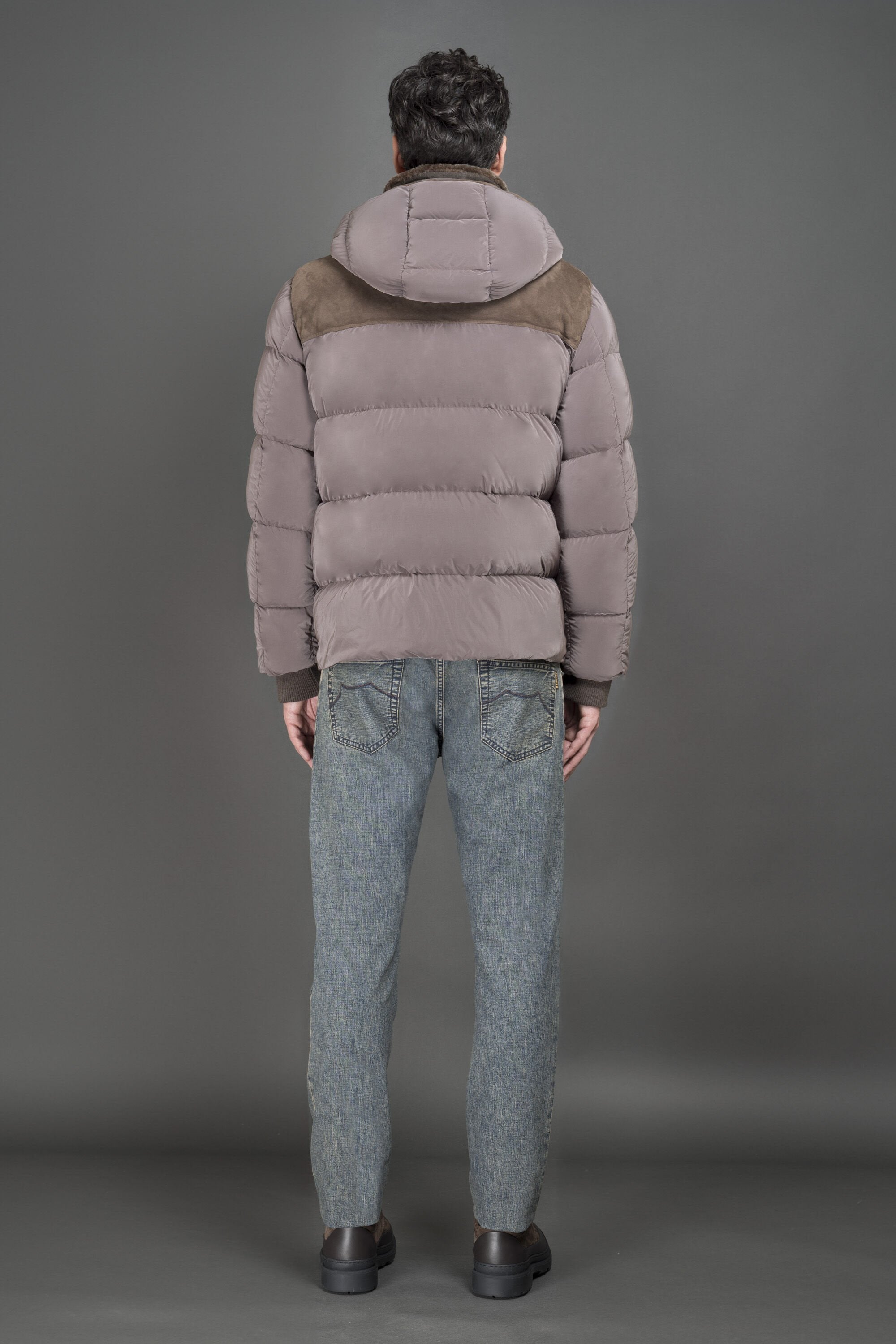 MOORER MEN'S BROWN QUILTED JACKET WITH FUR COLLAR