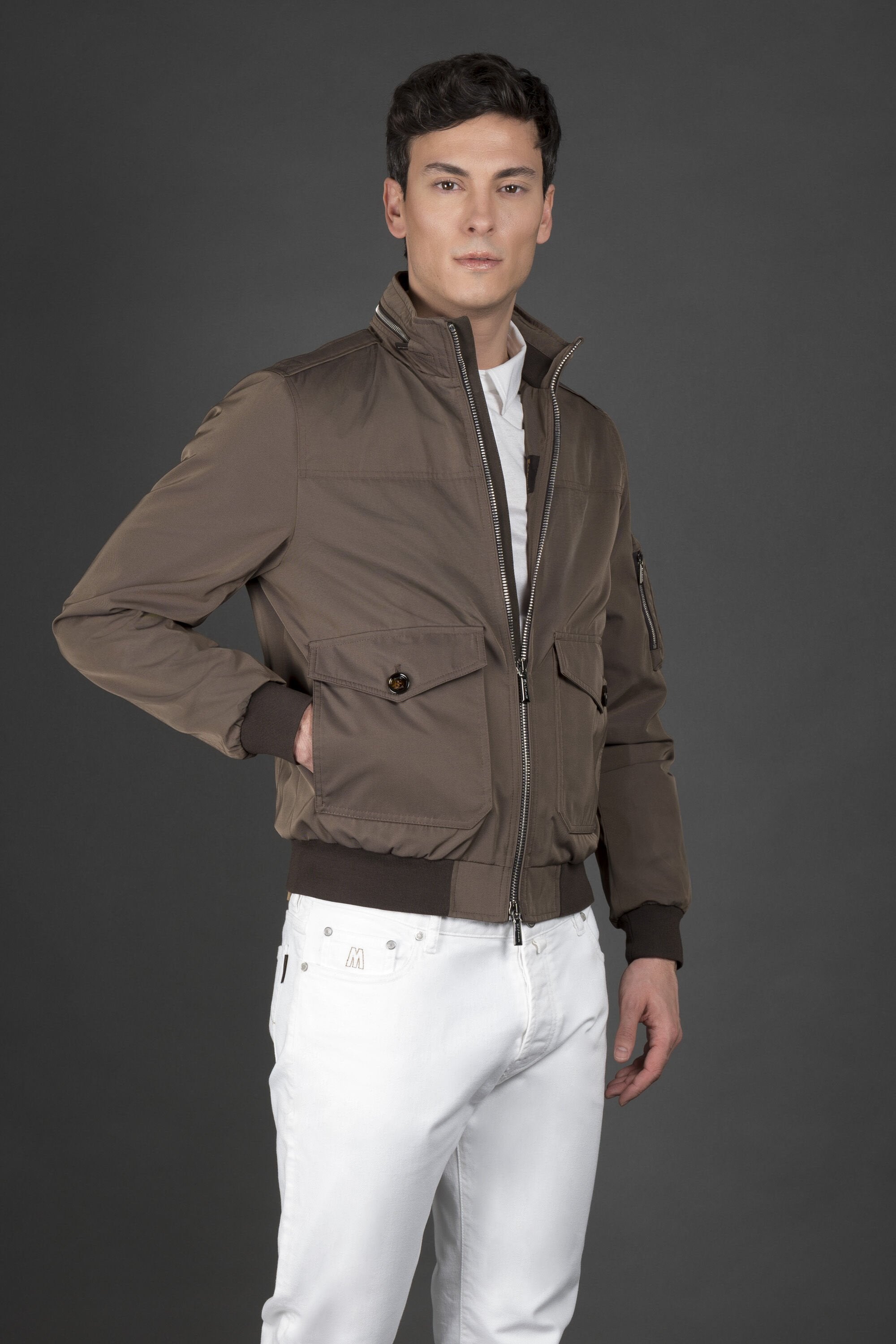 MOORER MEN'S BROWN BOMBER JACKET WITH POCKETS