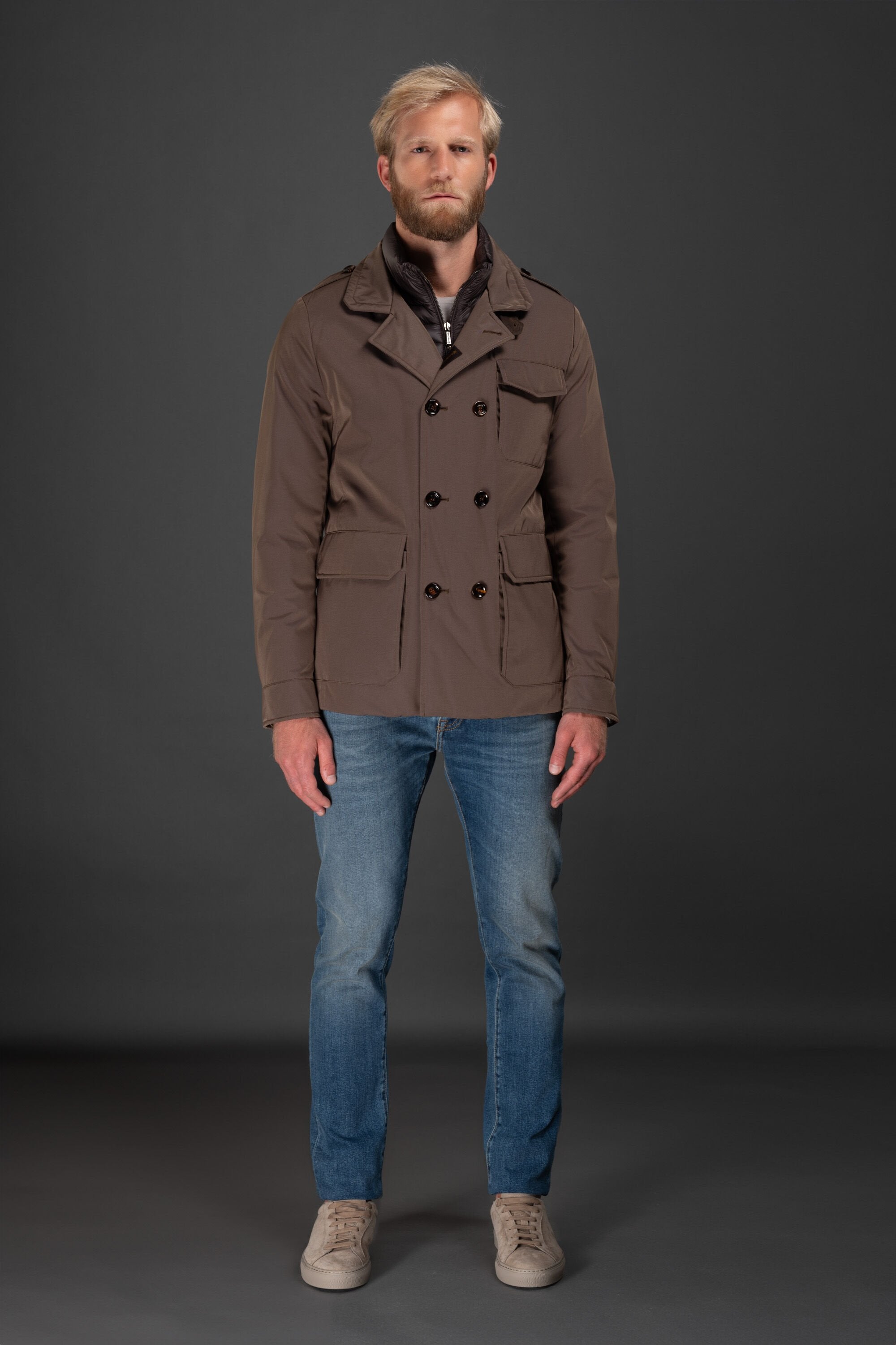 MOORER MEN'S BROWN DOUBLE-BREASTED PEACOAT