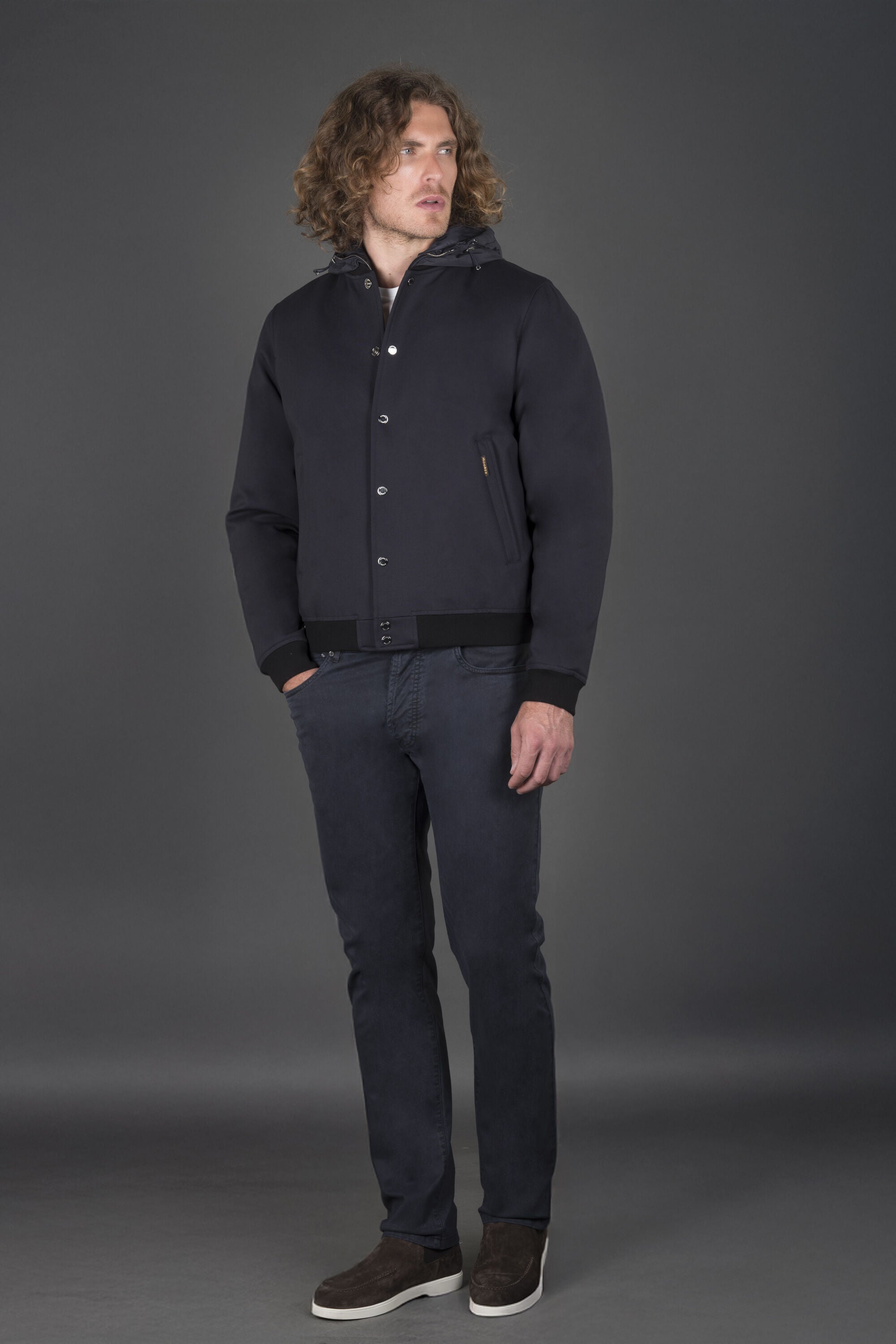 MOORER MEN'S DARK BLUE HOODED JACKET