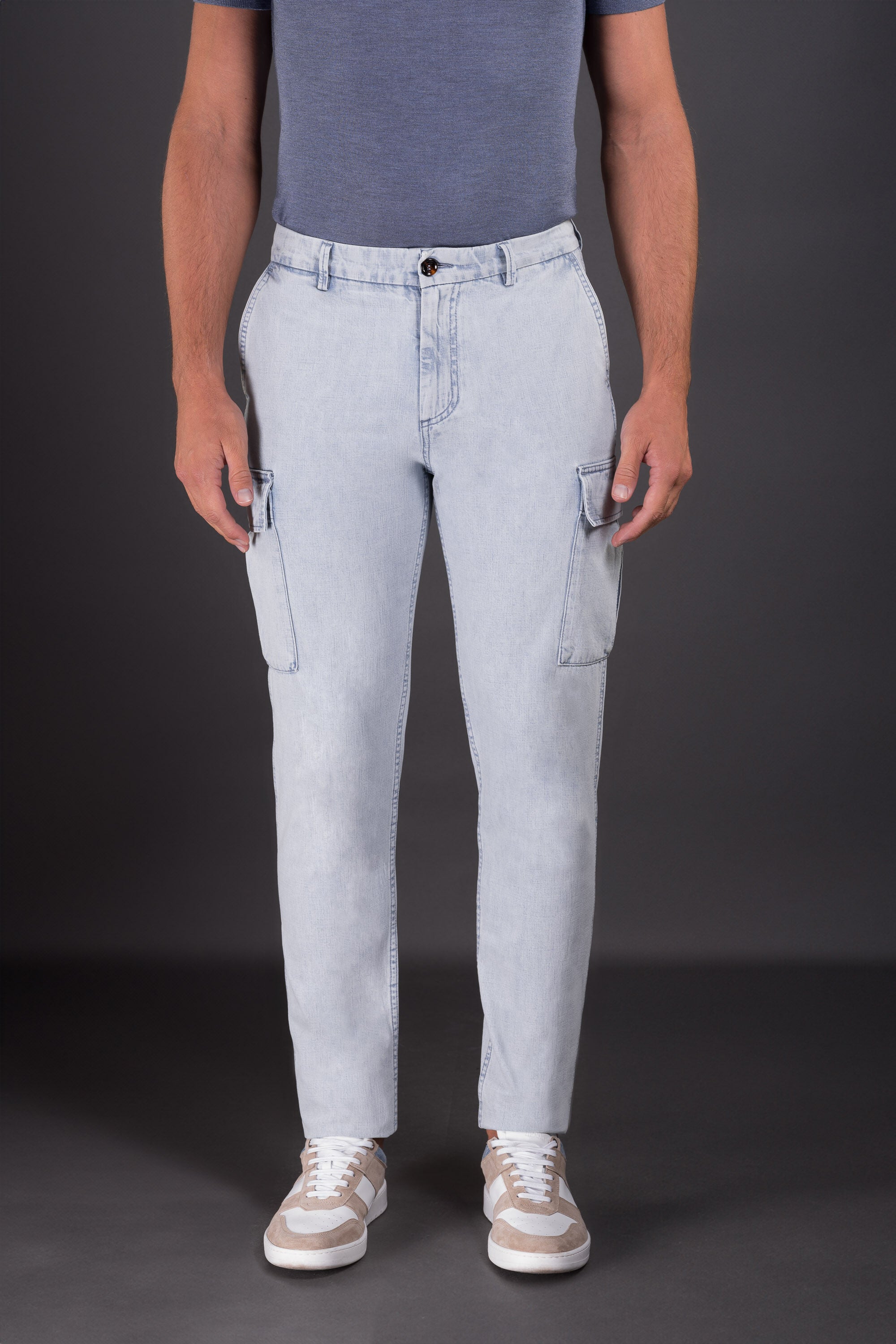 MOORER MEN'S LIGHT BLUE TAPERED TROUSERS