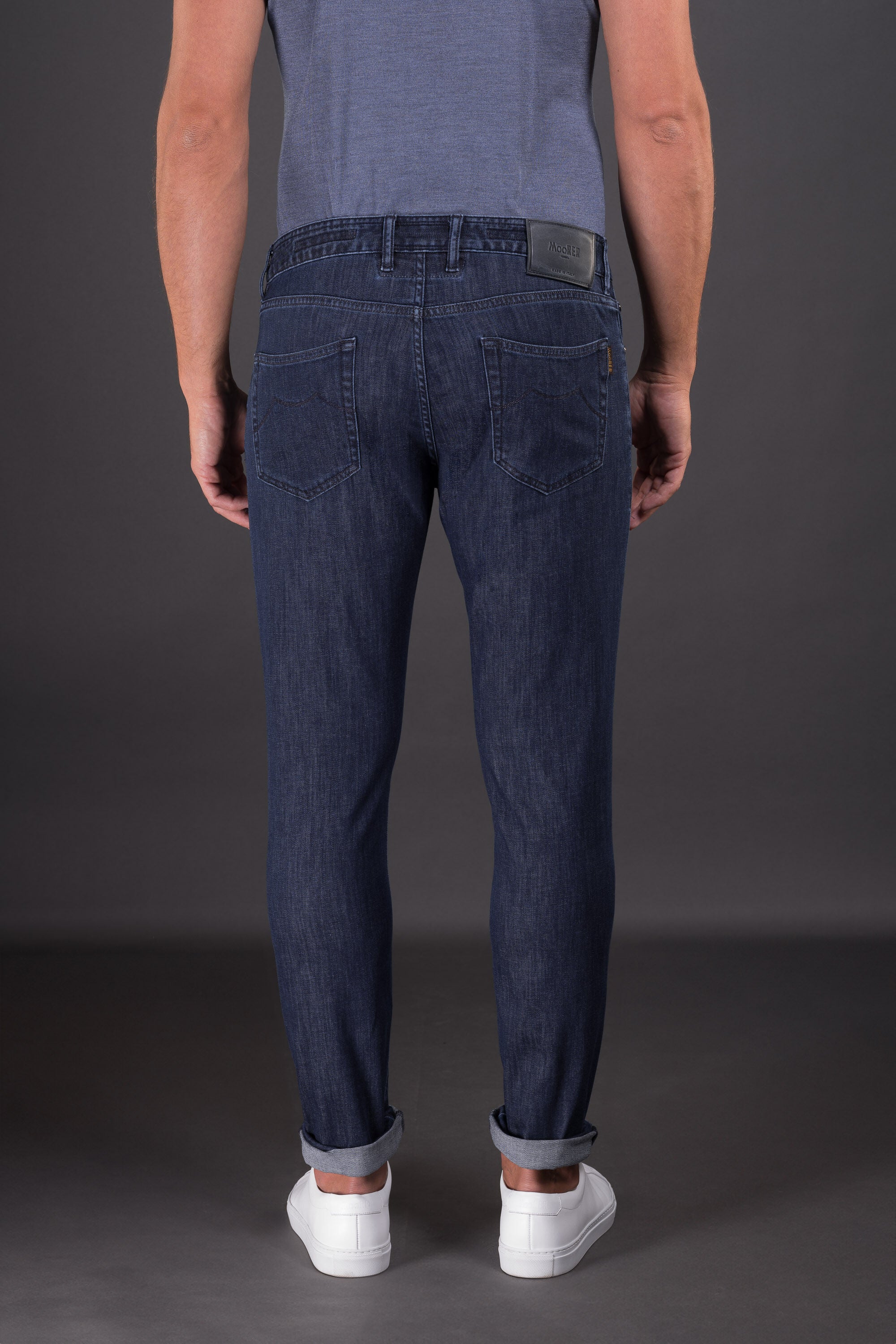 MOORER MEN'S DARK BLUE SLIM FIT TROUSERS