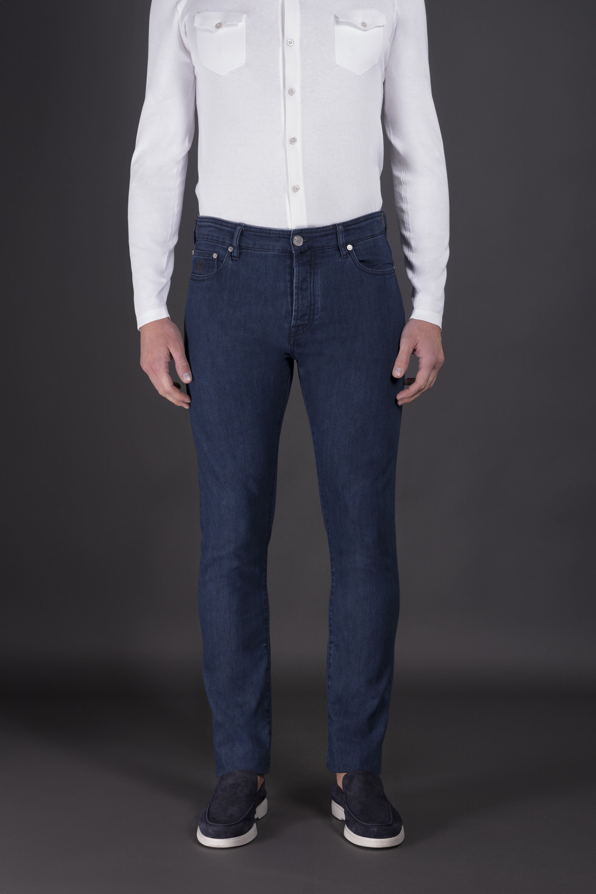 MOORER MEN'S DARK BLUE SLIM-FIT TROUSERS