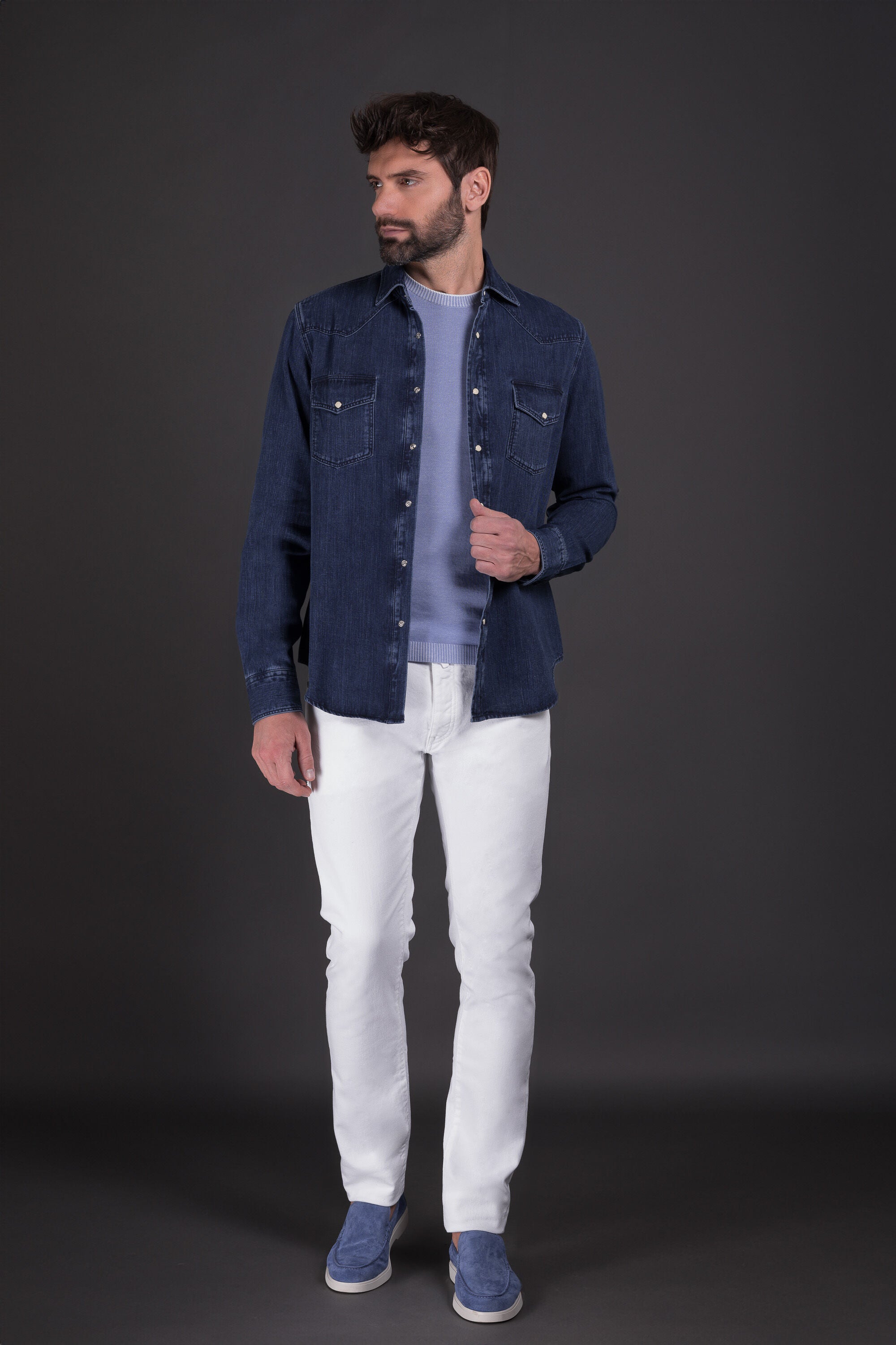 MOORER MEN'S DARK BLUE DENIM SHIRT
