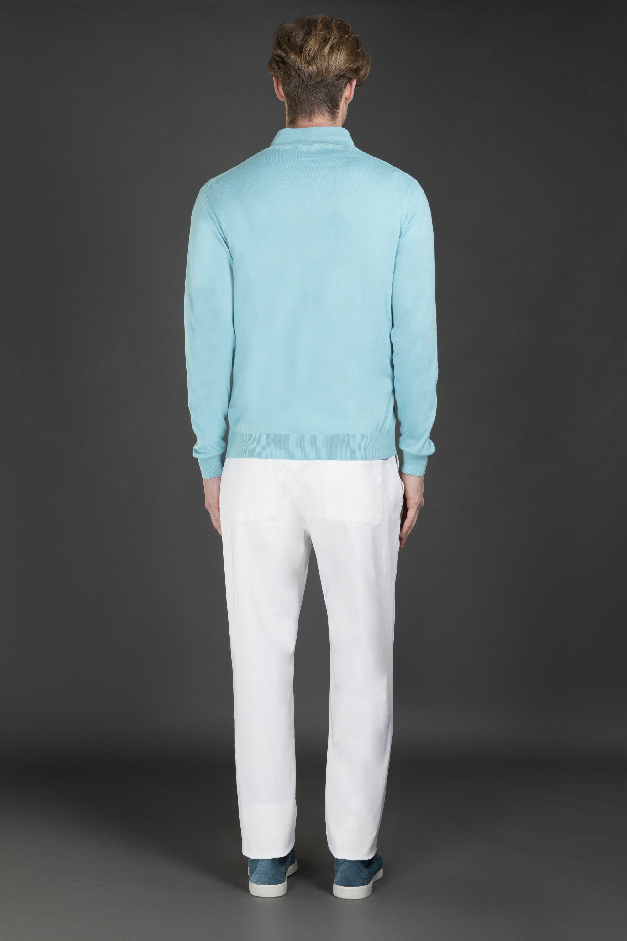 MOORER MEN'S TURQUOISE HALF-ZIP KNIT SWEATER
